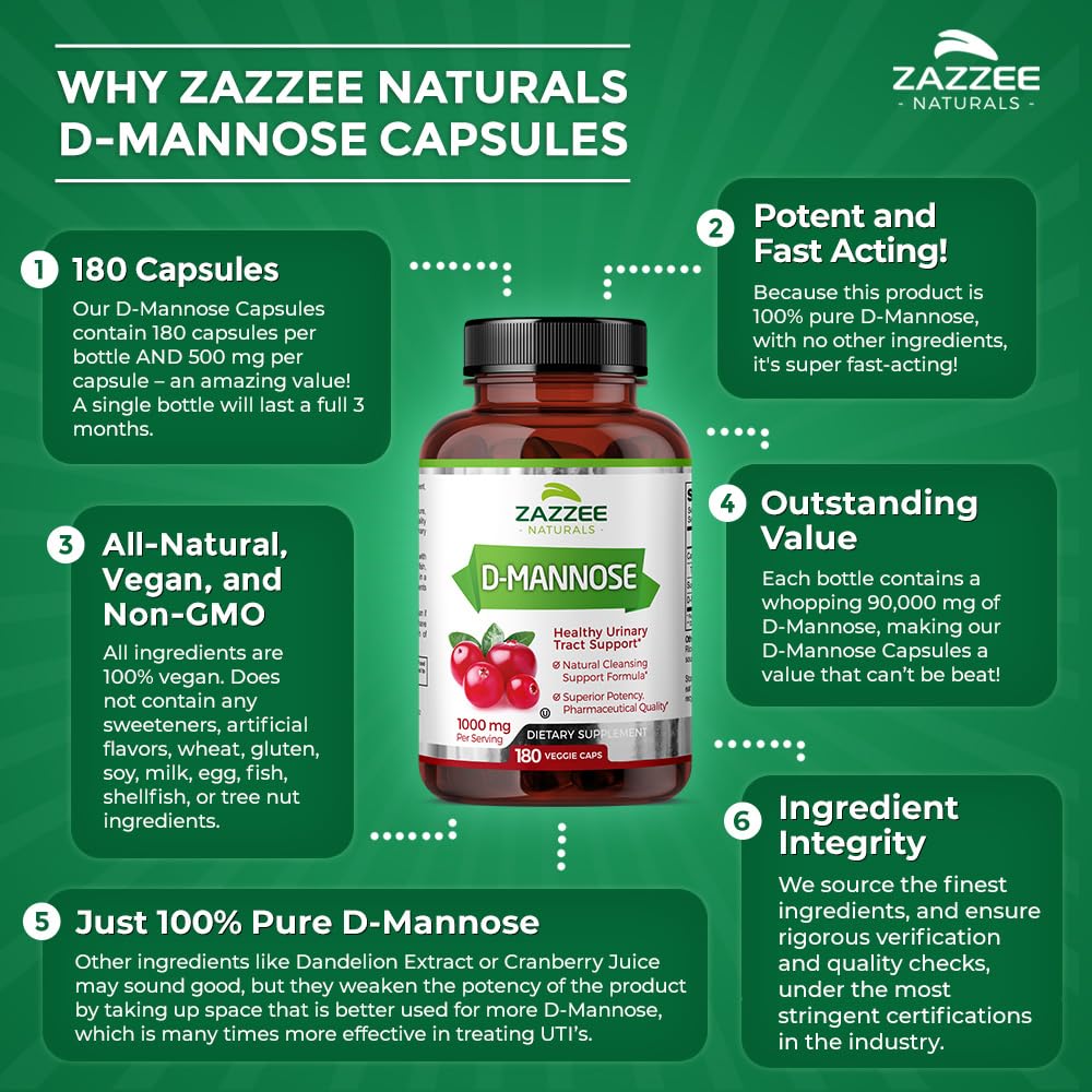 Zazzee D-Mannose, 1000 mg per Serving, 180 Vegan Capsules, 3 Month Supply, Potent Zazzee