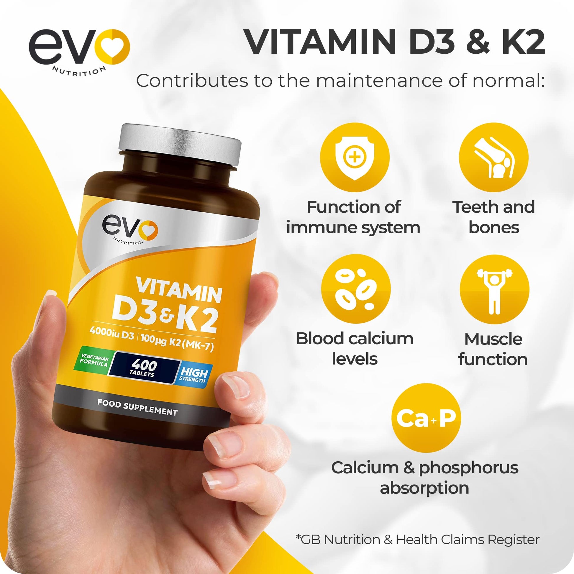 Vitamin D3 4000iu & Vitamin K2 100ug MK7 | 400 Vegetarian Tablets - 1 Year Supply EVO NUTRITION