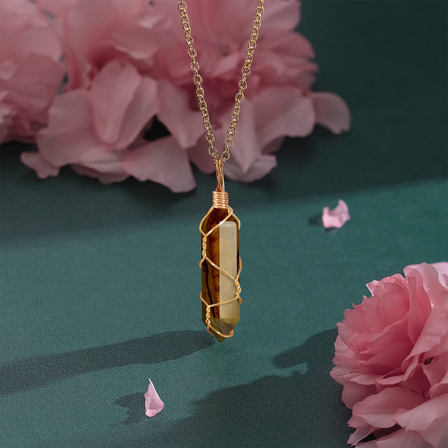 VIBILIA Healing Crystal Necklace Wire Wrapped Natural Tigerite Stone Point Pendant Necklace Hexagonal VIBILIA