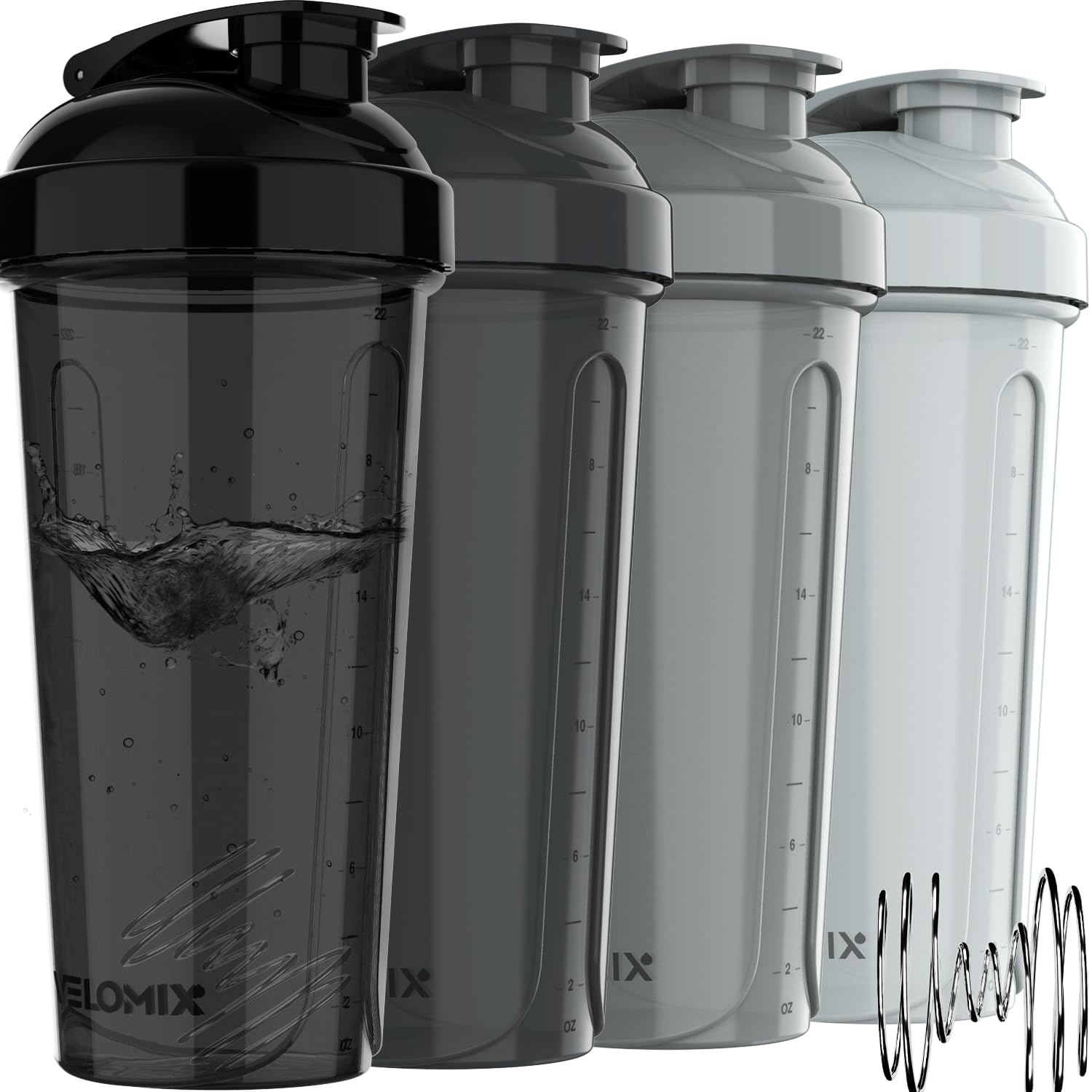 VELOMIX -4 PACK- Protein Shaker Bottles for Protein Mixes, 28 OZ Shaker Cups for Protein Shakes