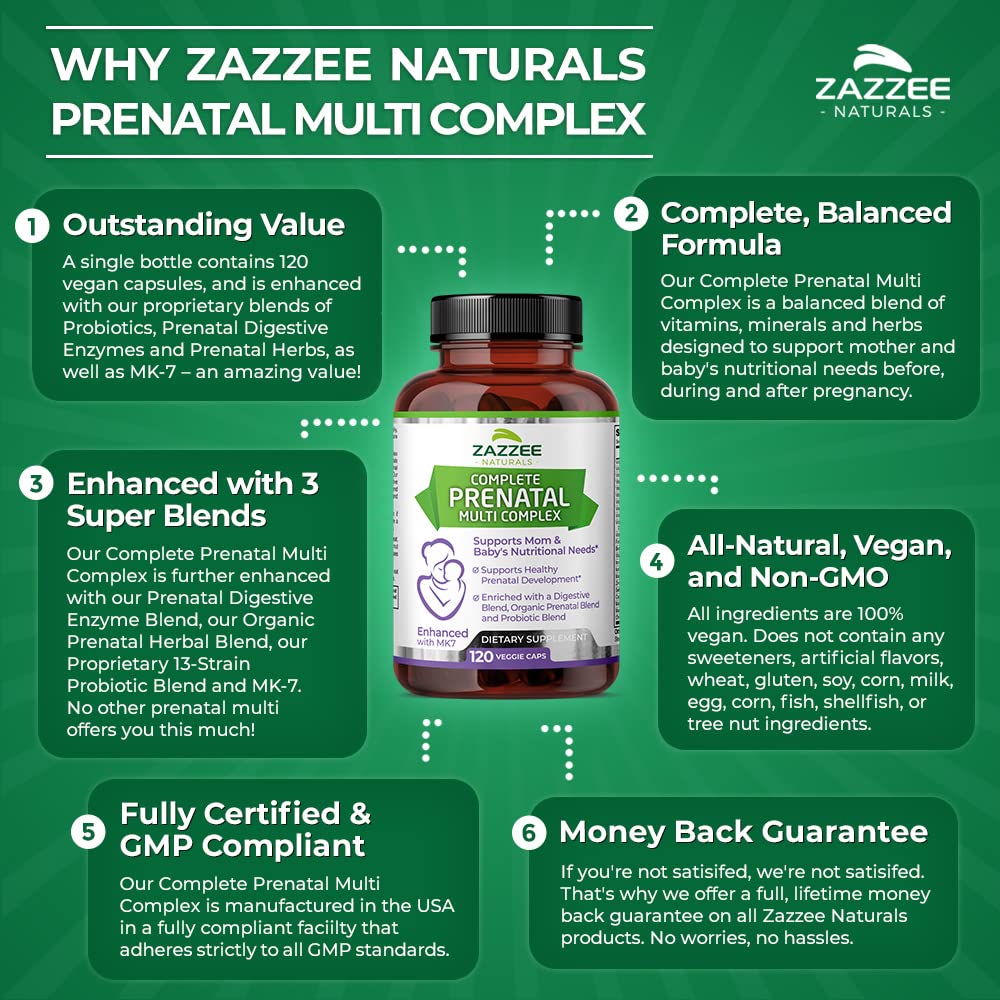 Zazzee Extra Strength Complete Prenatal Multi Complex, 120 Vegan Capsules, 2 Month Supply Zazzee