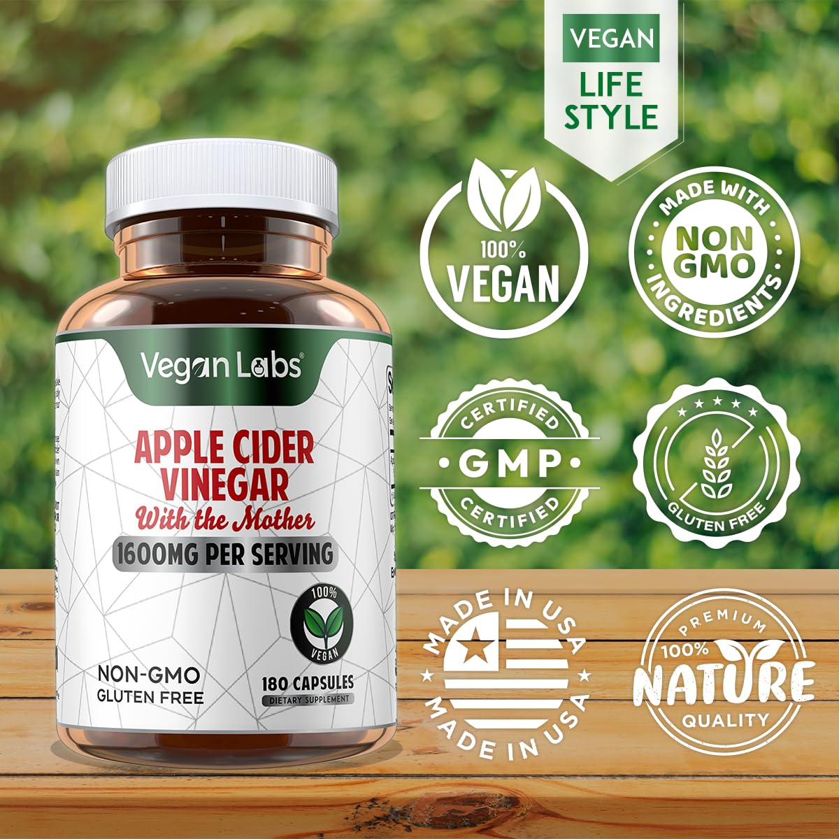 Vegan Labs Apple Cider Vinegar Capsules with The Mother- 180 Vegan Capsules Vegan Labs