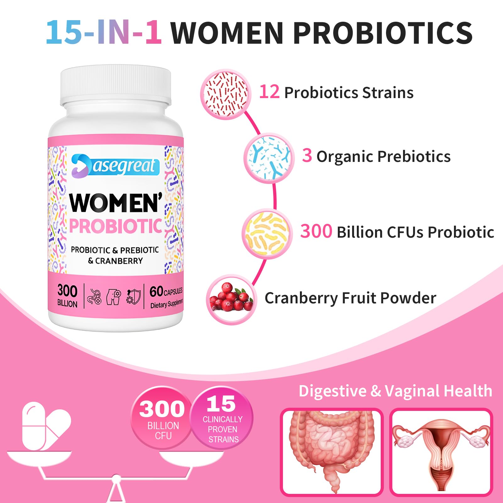 300 Billion CFUs Probiotics for Women,12 Strains Probiotics with Prebiotic Cranberry Heafetine