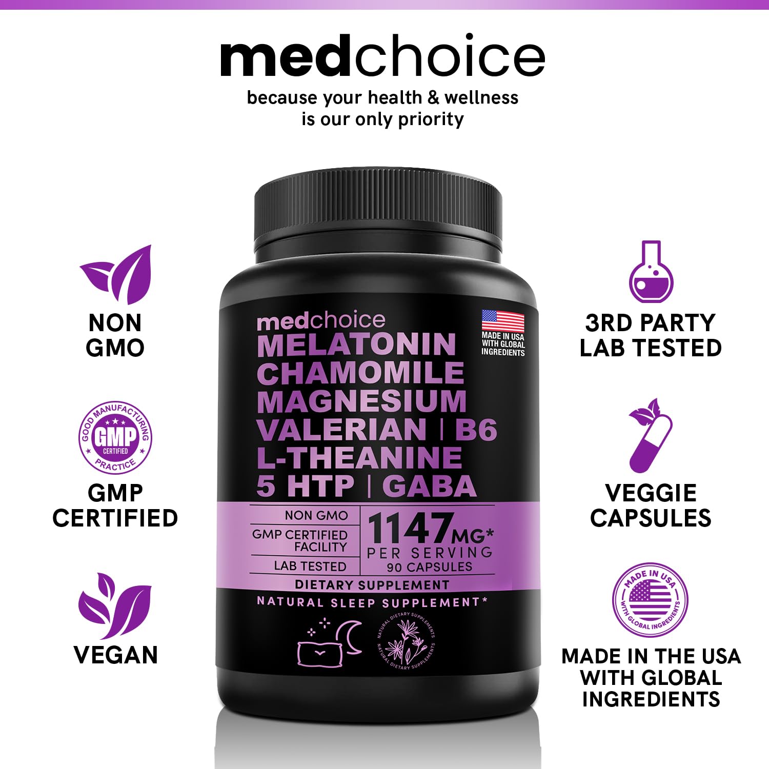 10-in-1 Melatonin Capsules - Melatonin 5mg Natural Sleep Aid for Adults MEDCHOICE