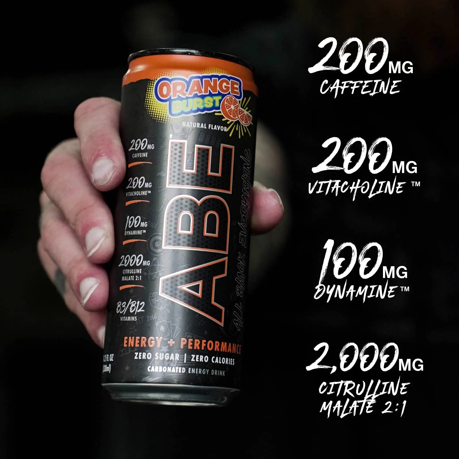ABE Energy + Performance Sugar Free Energy Drink - All Black Everything Drink With Caffeine, VitaCholine, Dynamine, Citrulline Malate (11oz Can - Pack of 12) (Orange Burst)