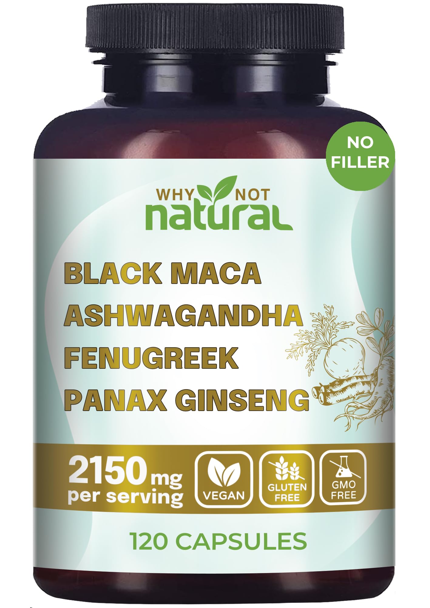 Why Not Natural 4-in-1 Organic Black Maca Root, Ashwagandha, Fenugreek, Panax Ginseng Capsules, Supplement for Men and Women (120 Count (Pack of 1) Why Not Natural