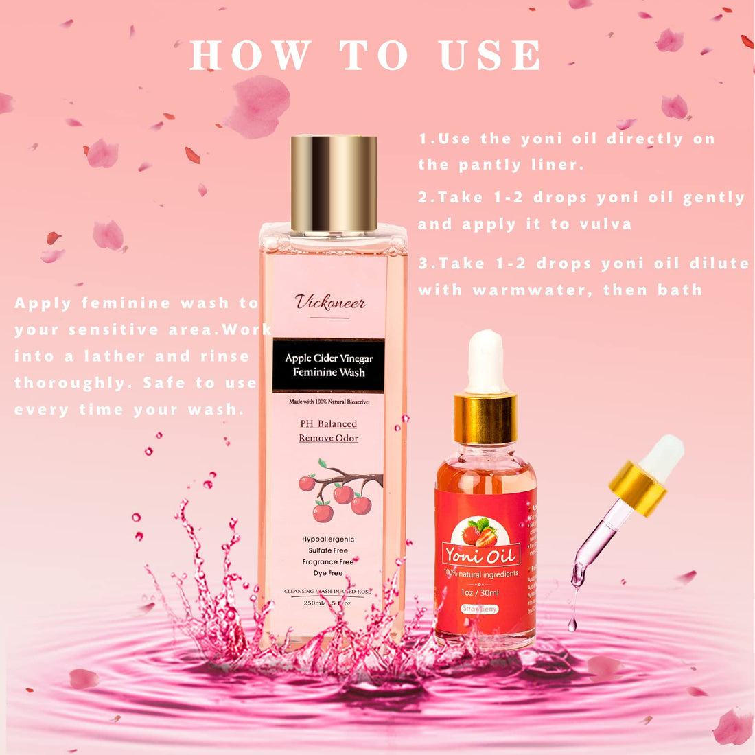 Vickoneer Yoni Wash for Women & Yoni Essential Oil, Intimate Feminine Wash Yoni Care