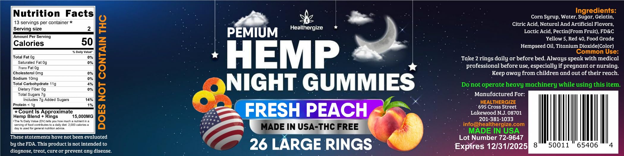 Healthergize Hemp Gummies Night-Time, High Potency Nap Gummies, Peace and Relaxation Healthergize