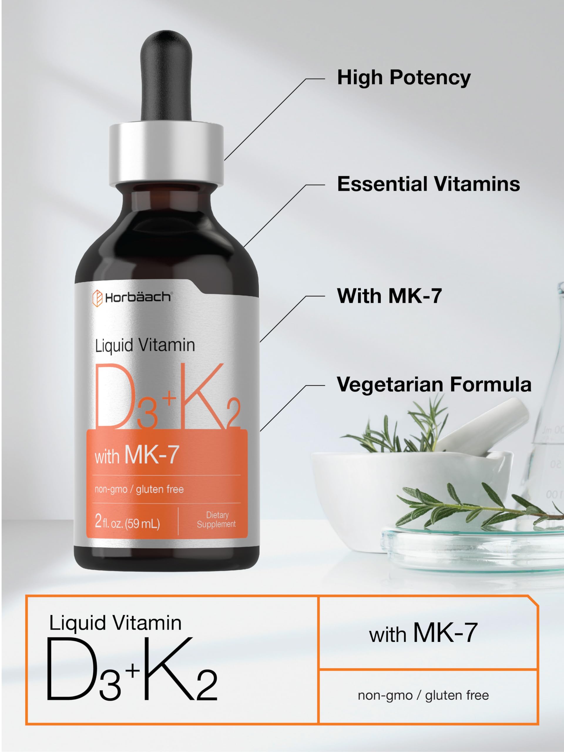 Horbäach Vitamin D3 + K2 Liquid Drops | with MK7 | 2 Fl Oz | Vegetarian | Non-GMO Horbäach