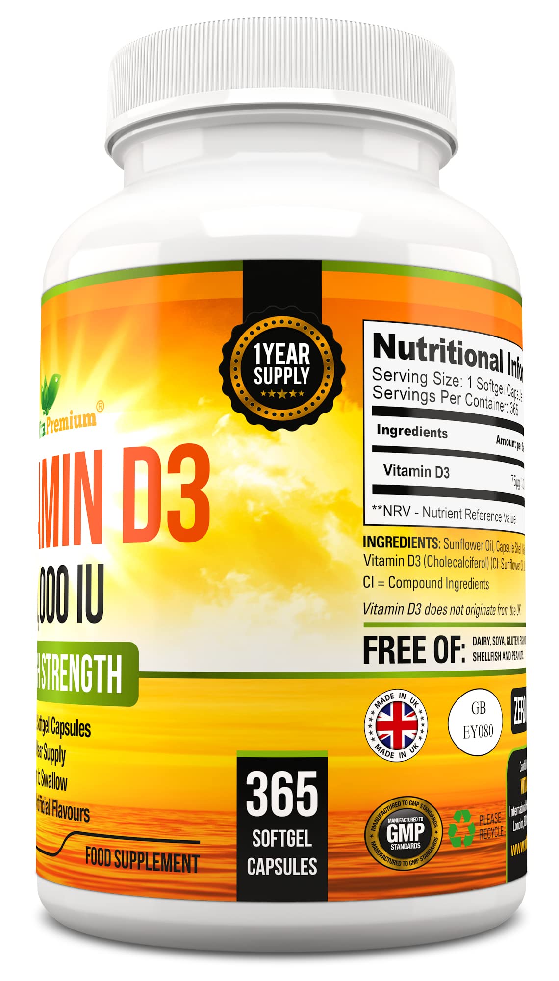 Vitamin D 3,000 IU, High Strength Vitamin D3 Supplement, 365 Easy to Swallow Softgels Vita Premium
