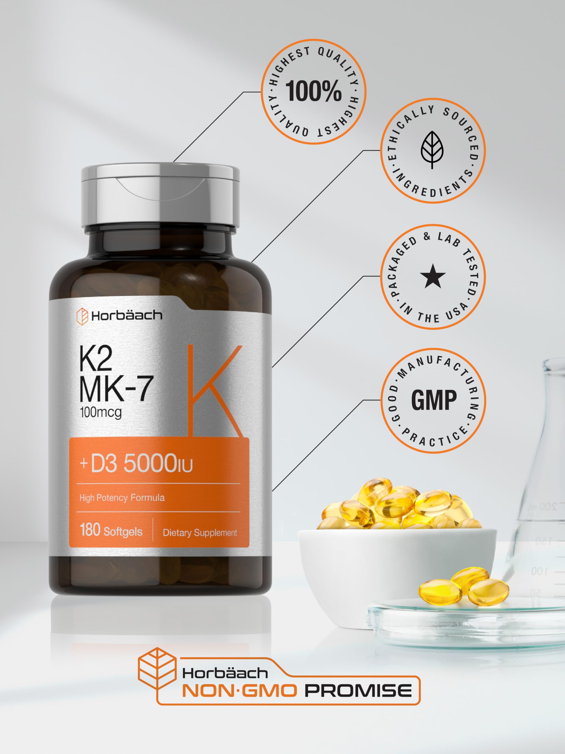 Horbäach Vitamin D3 K2 | 5000iu of Vitamin D & 100mcg MK-7 Complex | 180 Softgel Cap Horbäach