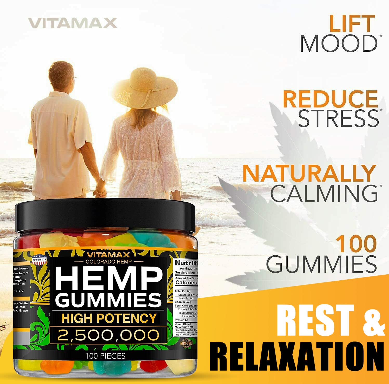 Vitamax Hemp Gummies - Great for Peace & Relaxation - 2,500,000 - Natural Fruit Flavors Vitamax