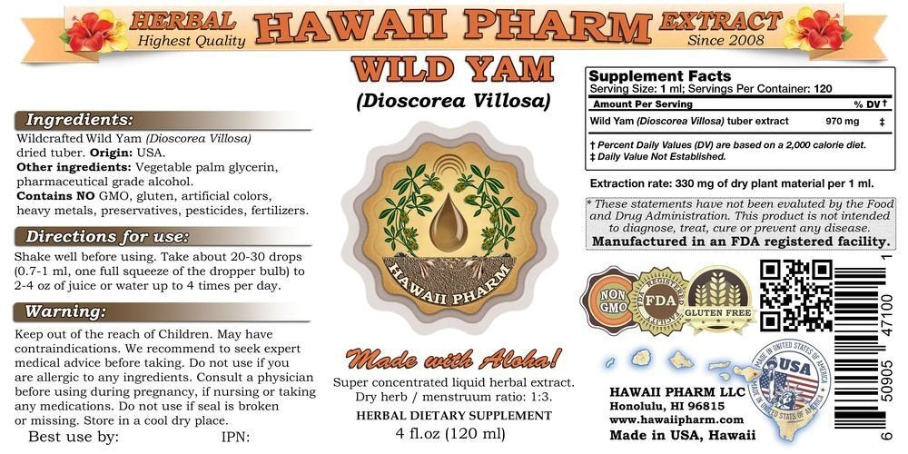 Wild Yam Liquid Extract, Wild Yam (Dioscorea Villosa) Tincture 2x2 oz HawaiiPharm