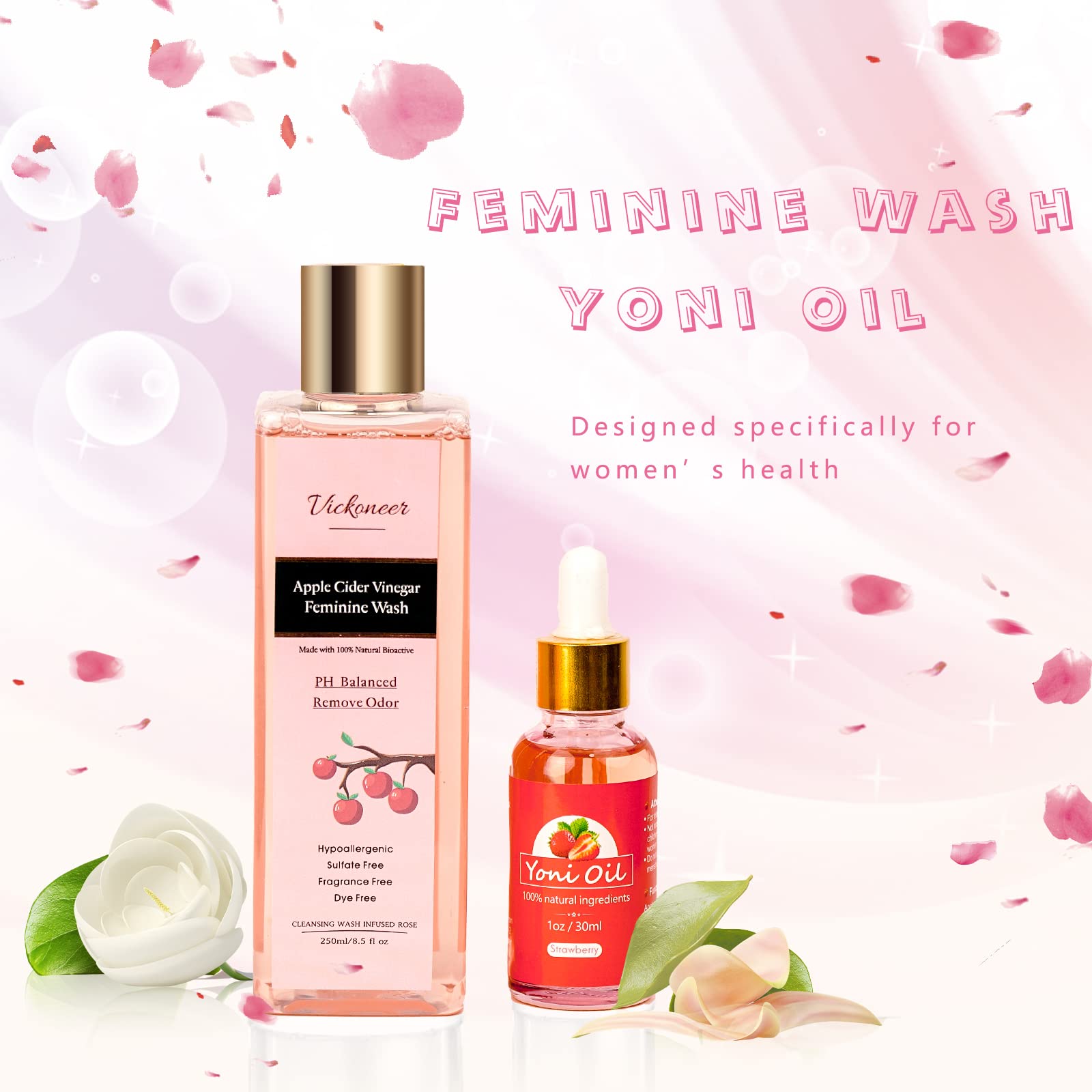 Vickoneer Yoni Wash for Women & Yoni Essential Oil, Intimate Feminine Wash Yoni Care Vickoneer