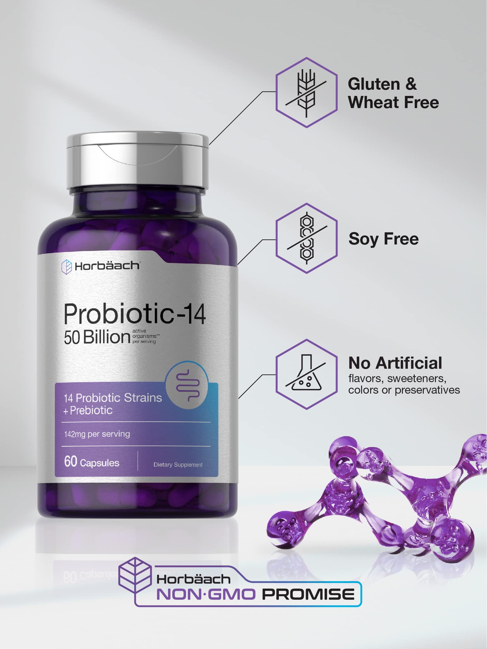 Horbäach Probiotics with Prebiotics | 60 Capsules | 50 Billion Active Organisms | Non-GMO Horbäach