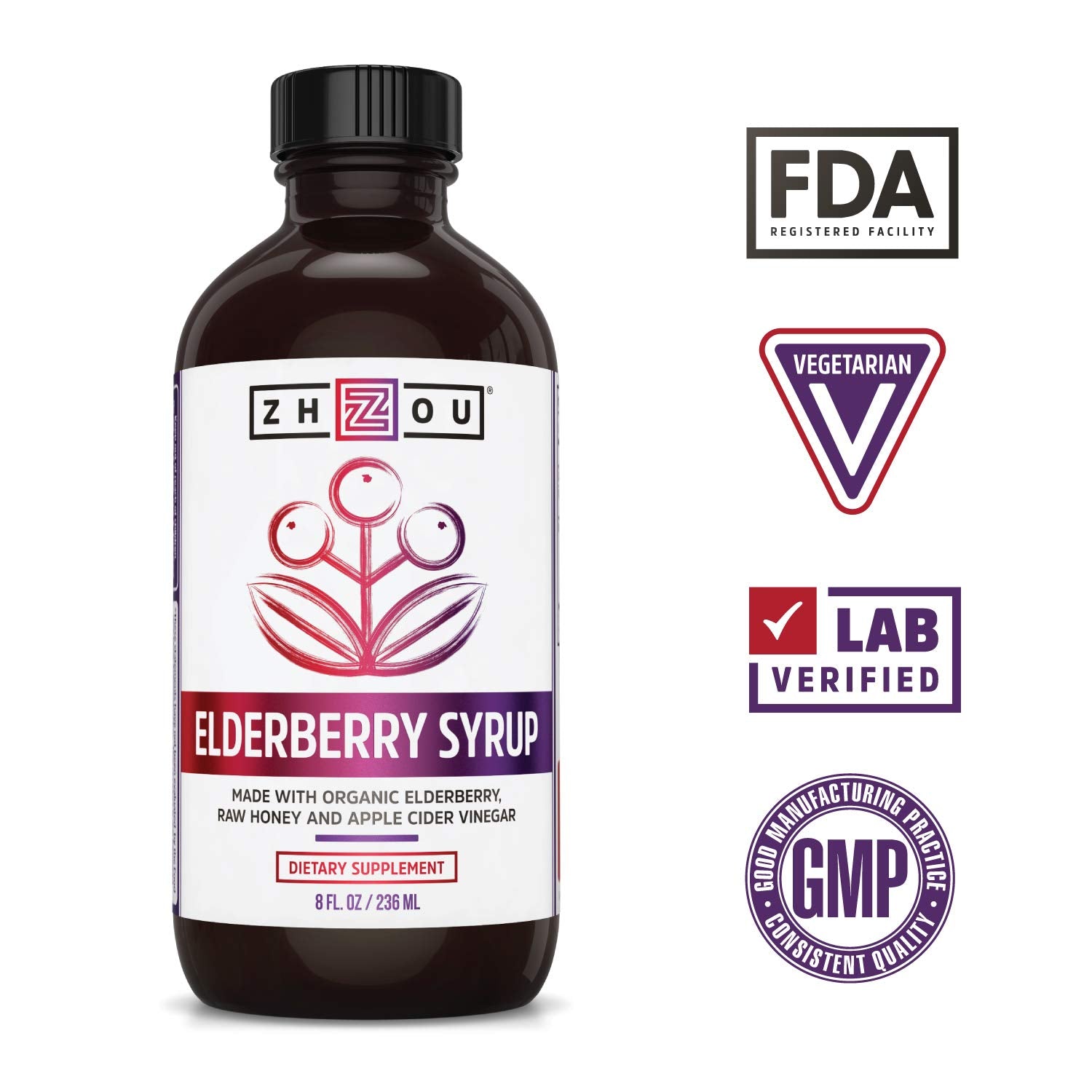 Zhou Nutrition Elderberry Syrup, Immune System Booster with Organic Elderberry Syrup Zhou Nutrition