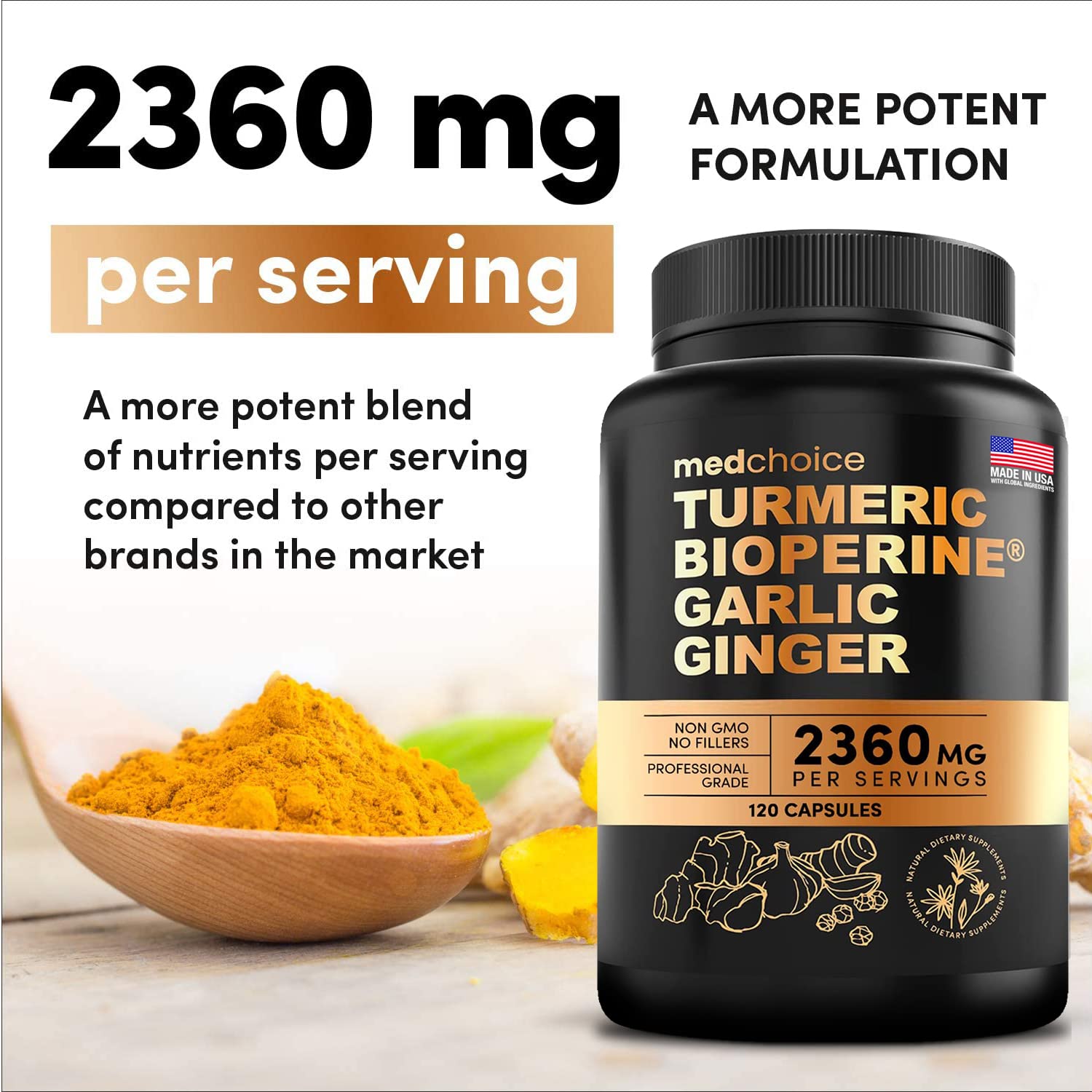 4-in-1 Turmeric and Garlic Supplements with Bioperine 2360 mg (360 ct) Turmeric Ginger MEDCHOICE