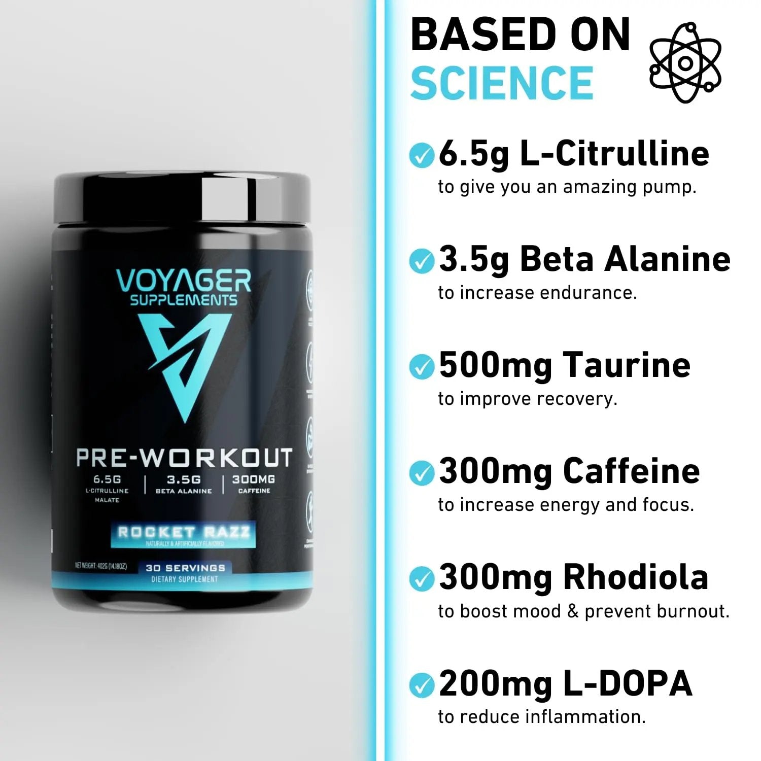 Voyager Supplements Pre-Workout Powder | Rocket Razz | Intense Pump | Maximized Energy | G-Force Strength | Laser Focus | Science-Backed & Gym Proven | 30 Servings