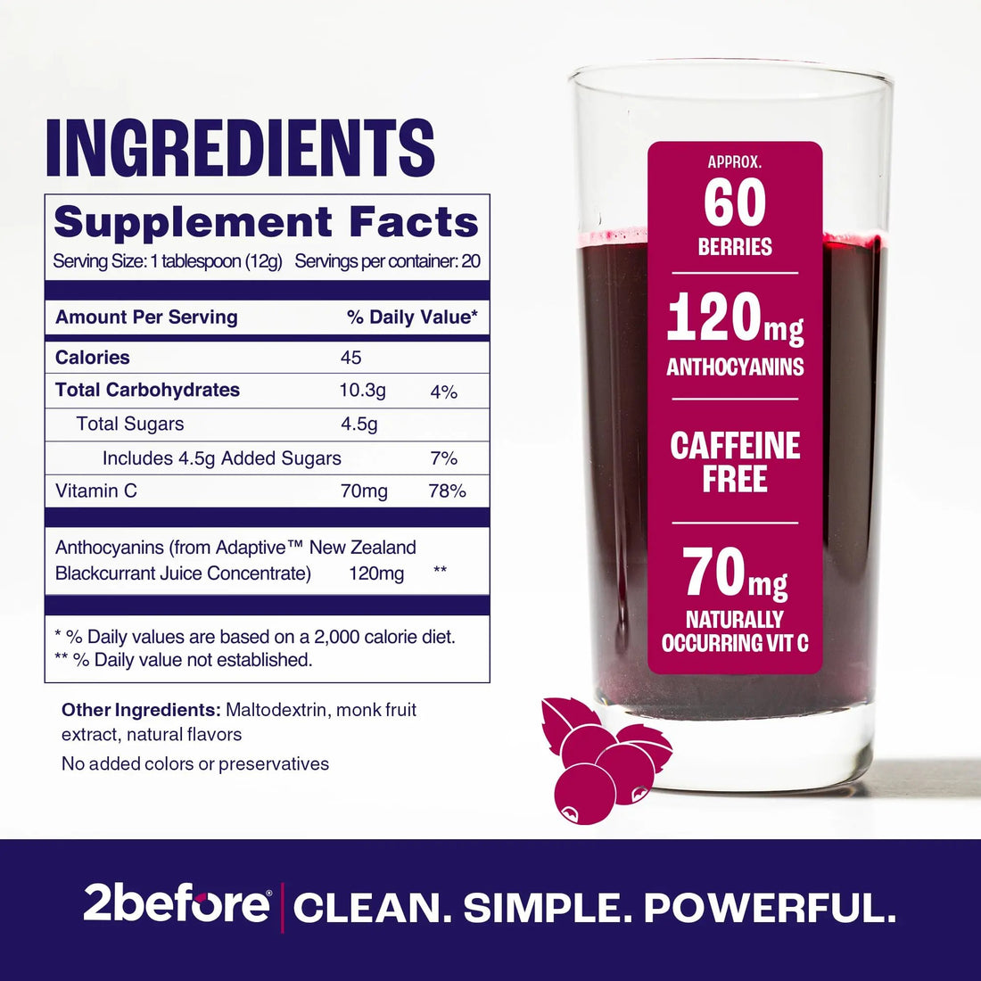 2before Blackcurrant I All Natural Vegan Pre Workout, Caffeine Free I Clean Energy