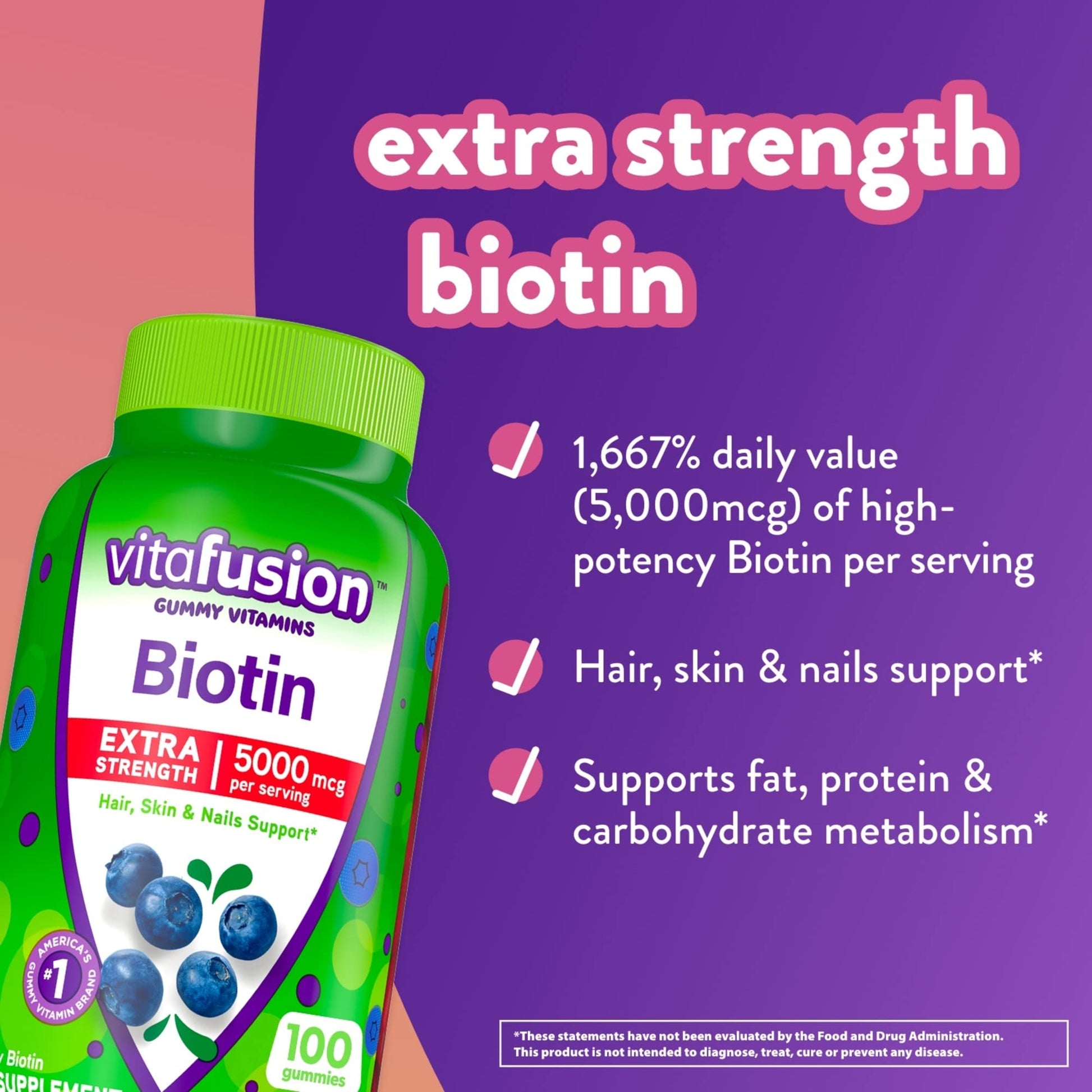 vitafusion Extra Strength Biotin Gummy Vitamins, Berry Flavored, 5,000 mcg Biotin Vitamins Vitafusion