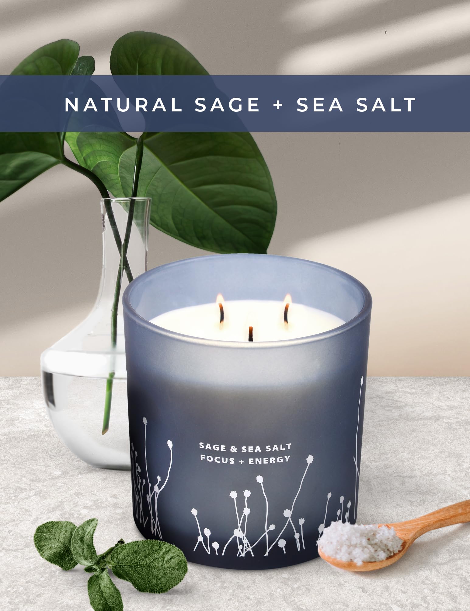 White Sage Sea Salt 3 Wick Candle 14.5 oz | Sage Candles for Cleansing House | Large Soy Candles GIFTAWAY