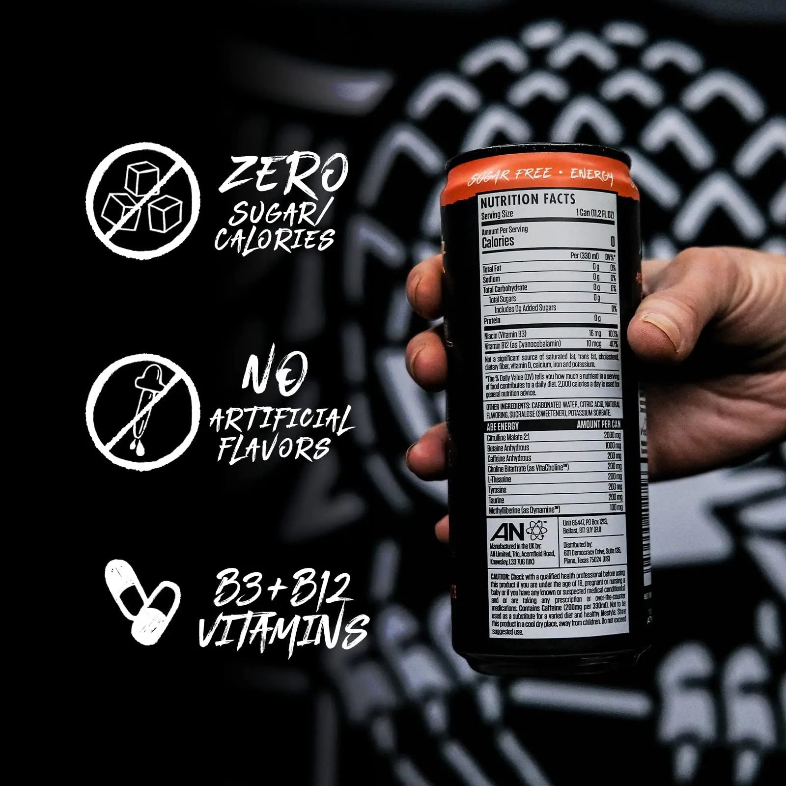 ABE Energy + Performance Sugar Free Energy Drink - All Black Everything Drink With Caffeine, VitaCholine, Dynamine, Citrulline Malate (11oz Can - Pack of 12) (Orange Burst)