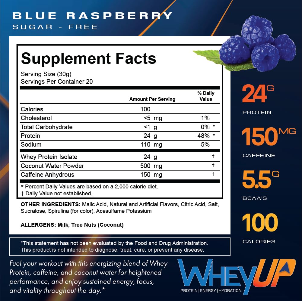 WheyUP Clear Whey Isolate Protein Powder, Blue Raspberry - 150mg Caffeine - 20 Servings WheyUP