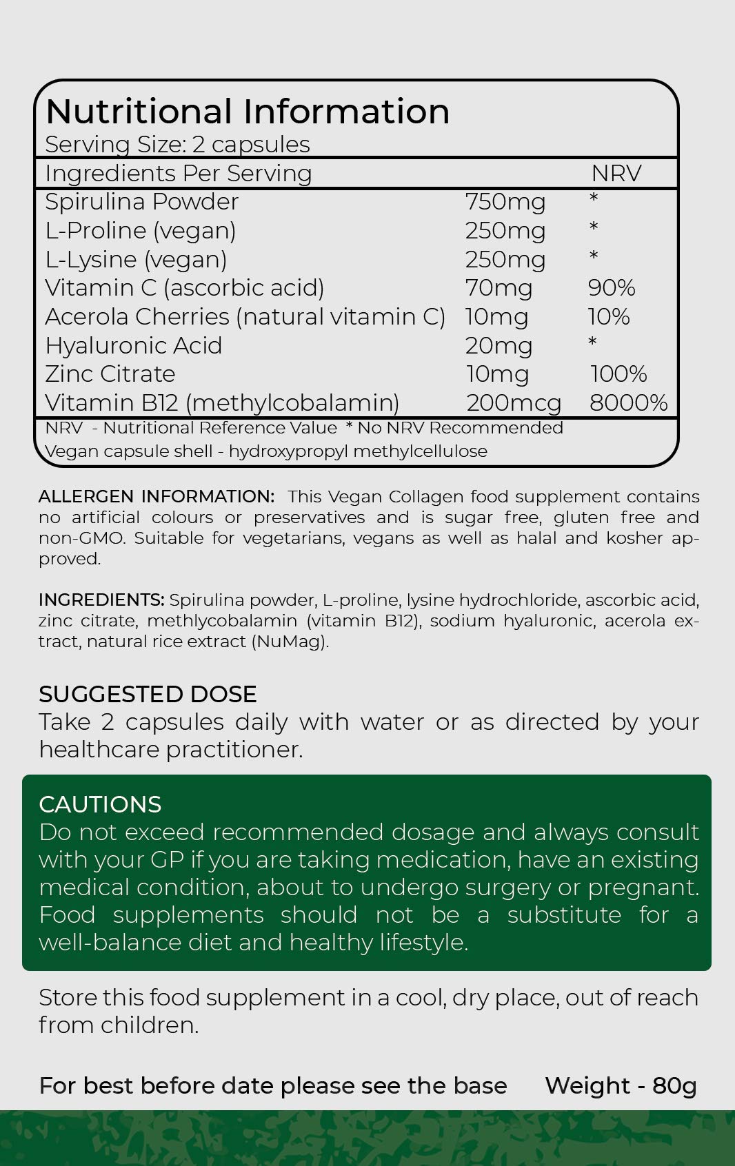 Vegan Collagen Supplement - 1400mg, Spirulina, L-Lysine, L-Proline, Acerola Cherries , Vitamin C & B12, Zinc, Hyaluronic Acid, UK Made D Direct Vitality
