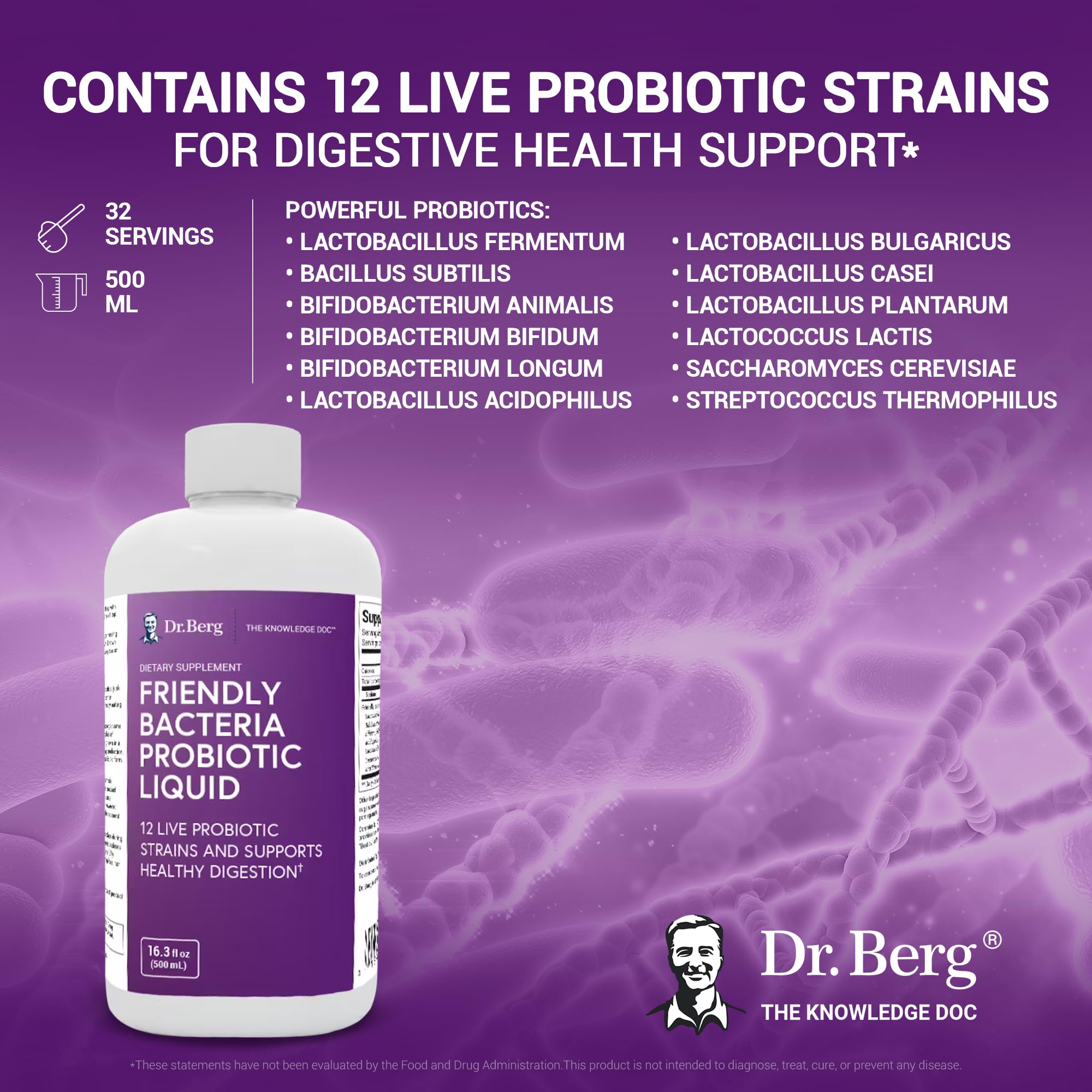 Dr. Berg's Friendly Probiotic Liquid Supplement Drink Mix w/ 12 Live Probiotics Strains Dr. Berg Nutritionals