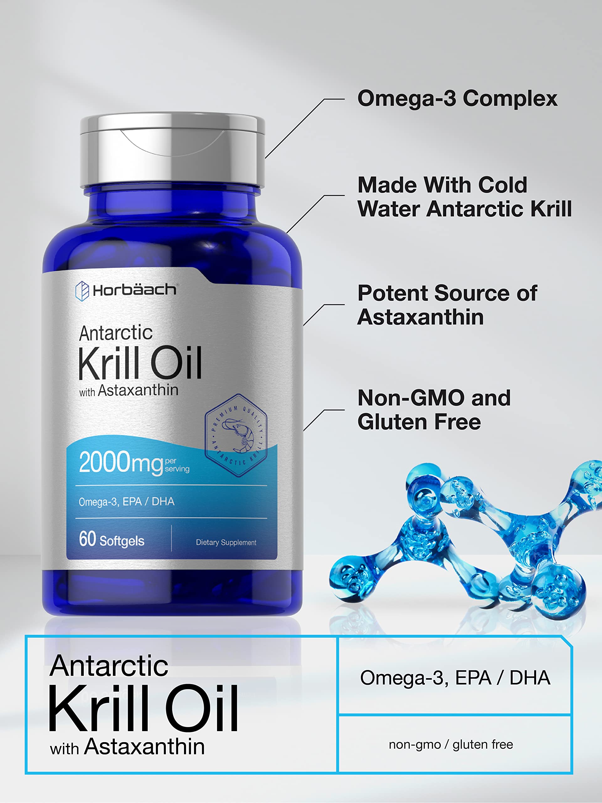 Horbäach Antarctic Krill Oil 2000mg | 60 Softgel Capsules | Omega-3, EPA, DHA Supplemen Horbäach