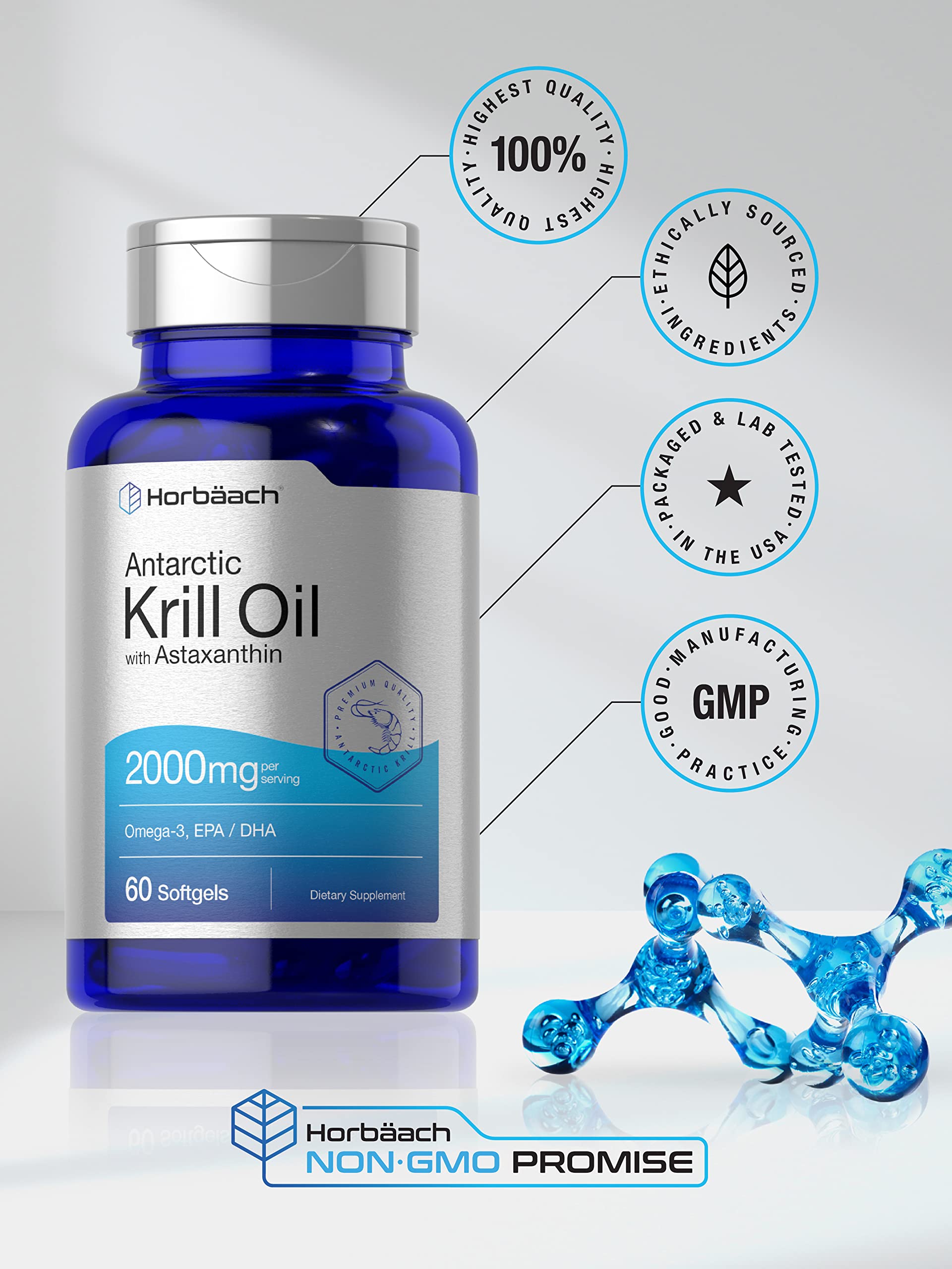 Horbäach Antarctic Krill Oil 2000mg | 60 Softgel Capsules | Omega-3, EPA, DHA Supplemen Horbäach