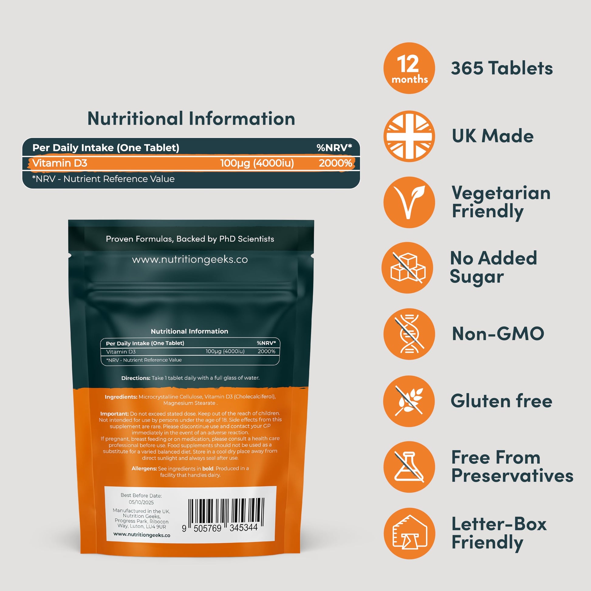 Vegetarian Vitamin D3 4000 iu - 1 Year Supply, 365 Easy-Swallow High Strength Vitamin Nutrition Geeks