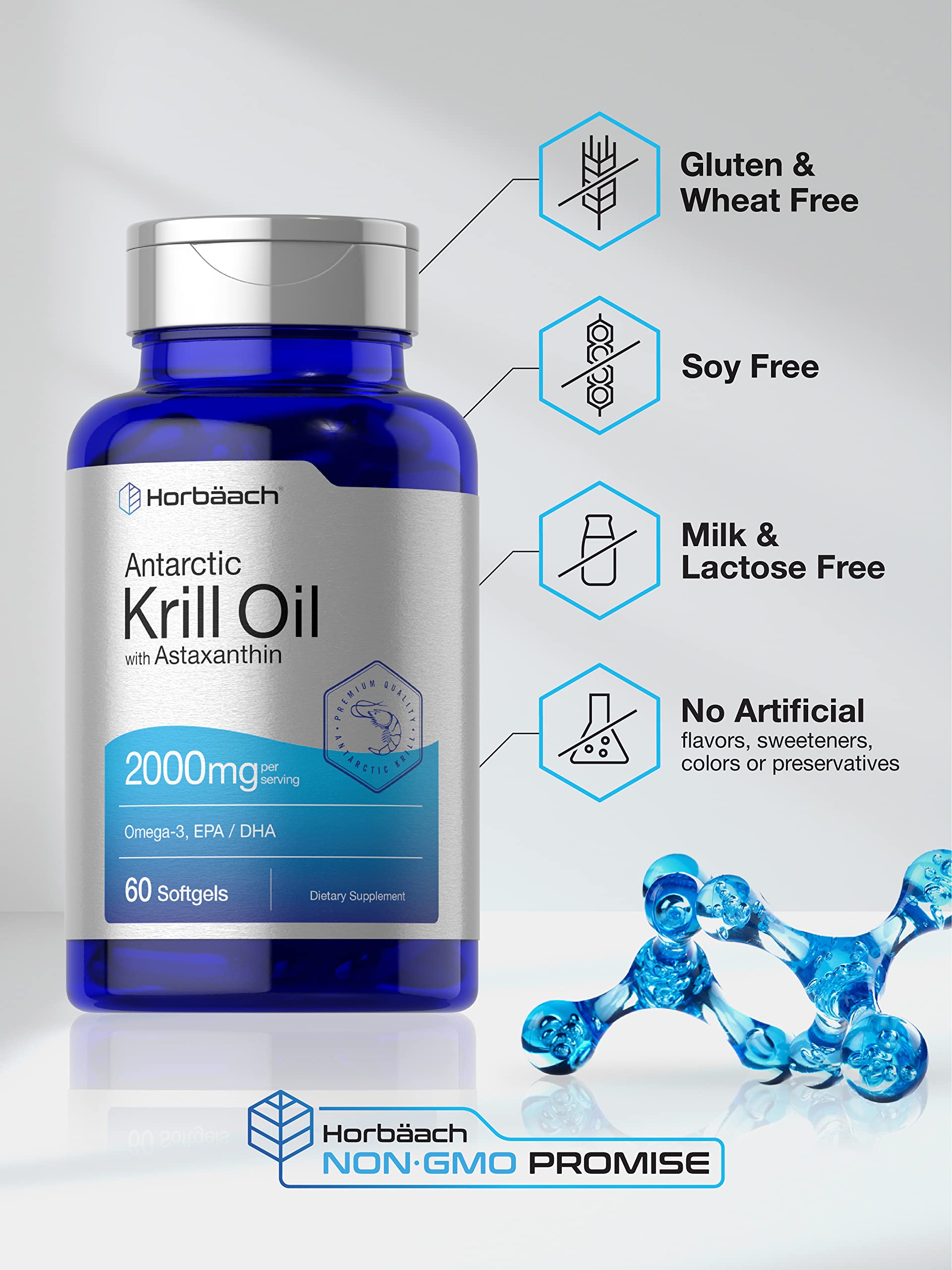 Horbäach Antarctic Krill Oil 2000mg | 60 Softgel Capsules | Omega-3, EPA, DHA Supplemen Horbäach