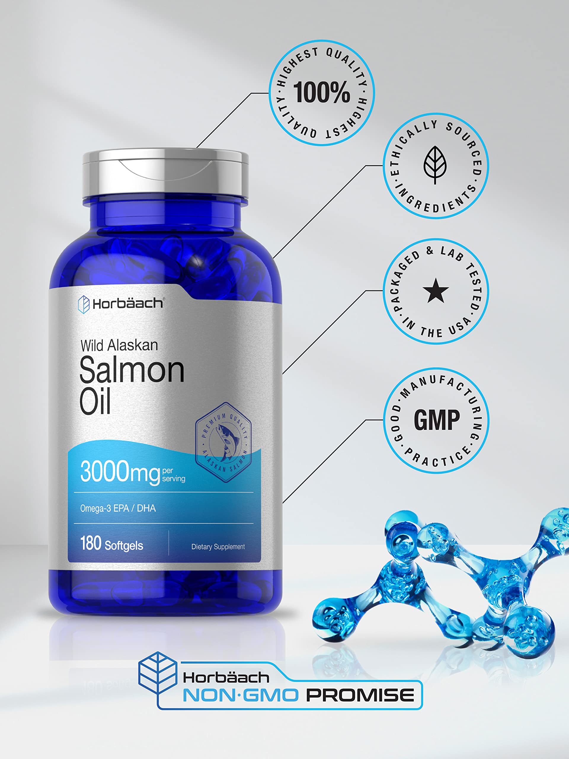 Wild Alaskan Salmon Fish Oil | 180 Softgel Capsules | Gluten Free, Non-GMO | High Potency Horbäach