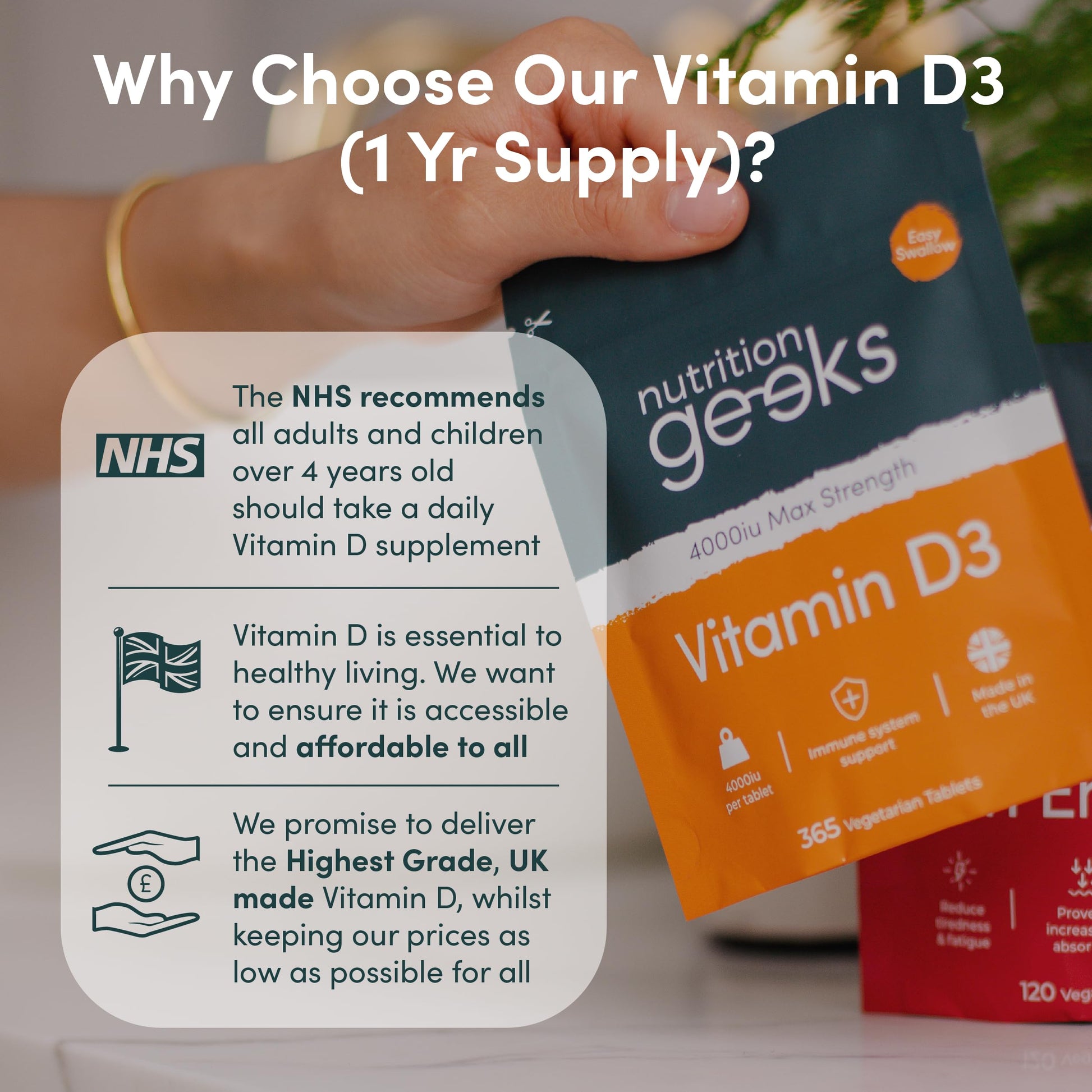 Vegetarian Vitamin D3 4000 iu - 1 Year Supply, 365 Easy-Swallow High Strength Vitamin Nutrition Geeks