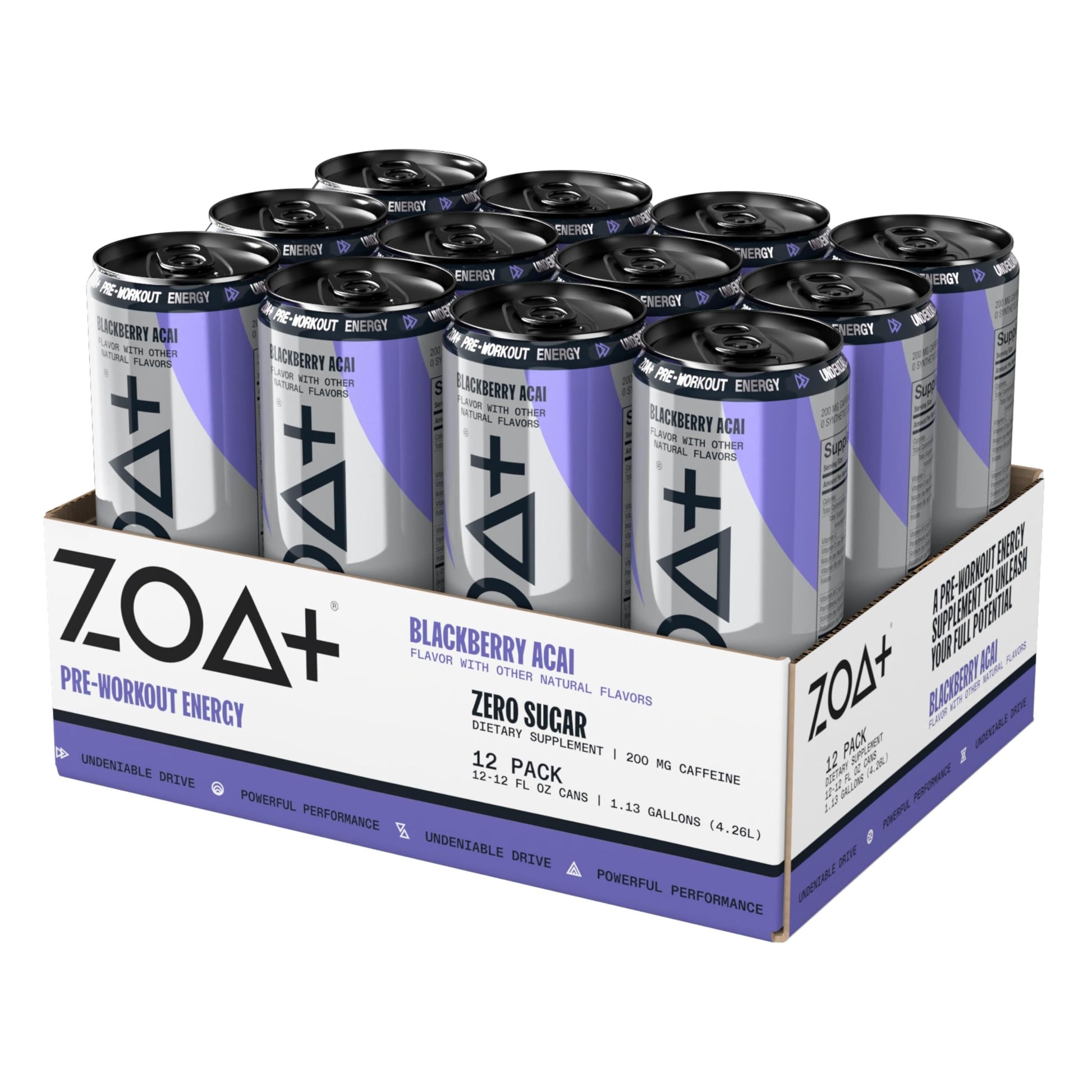ZOA Plus Sugar-Free Pre-Workout Drink, Ready to Drink with Nitric Oxide, Vitamin B, C and D ZOA