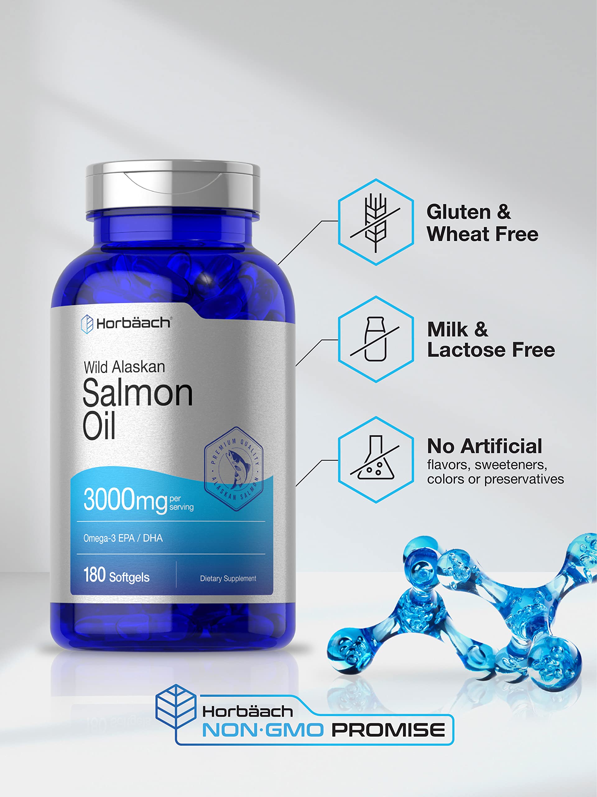 Wild Alaskan Salmon Fish Oil | 180 Softgel Capsules | Gluten Free, Non-GMO | High Potency Horbäach