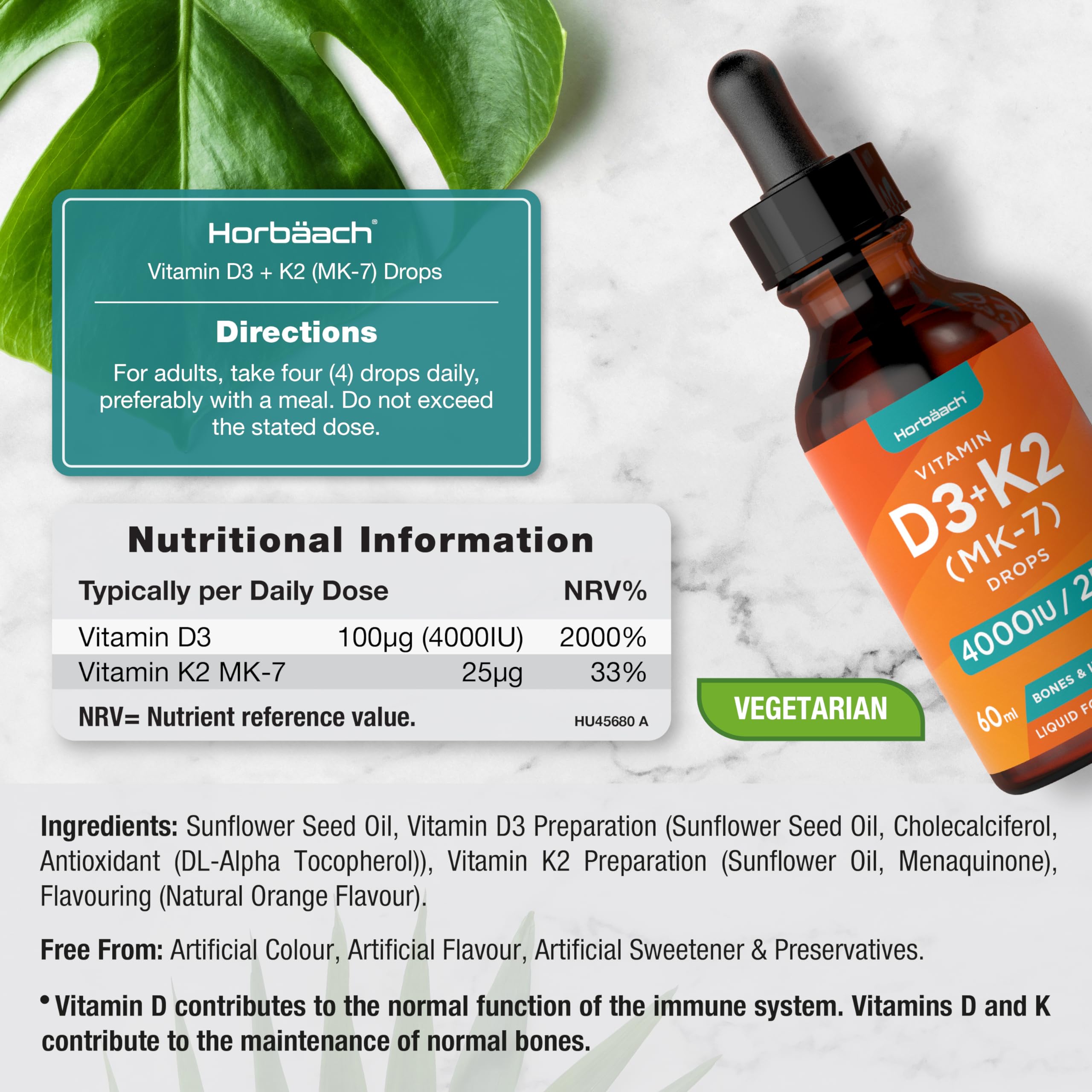 Vitamin D3 K2 Drops | 60mL | High Strength Vitamin D3 4000iu and K2 25ug | No Artificial Horbäach