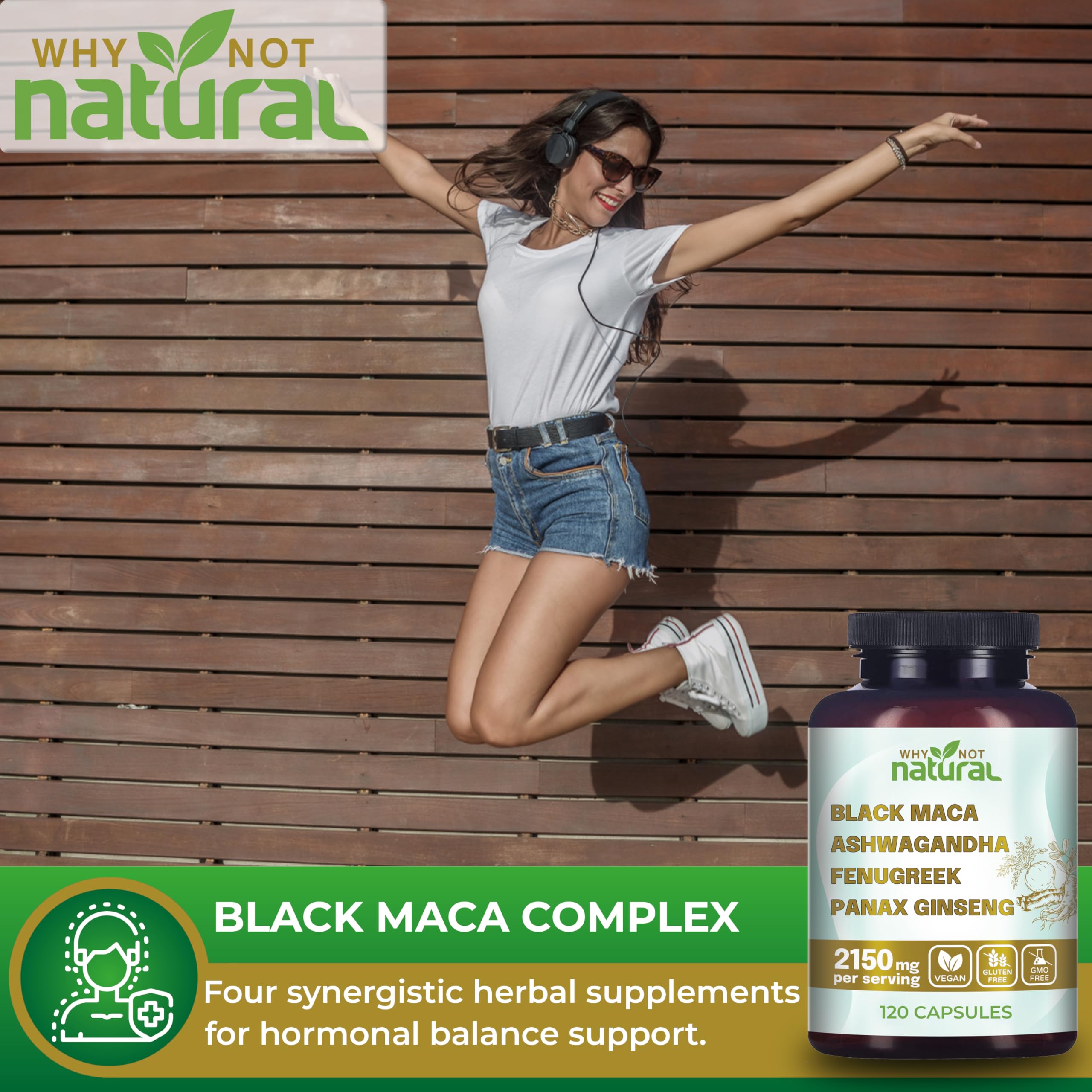 Why Not Natural 4-in-1 Organic Black Maca Root, Ashwagandha, Fenugreek, Panax Ginseng Capsules, Supplement for Men and Women (120 Count (Pack of 1) Why Not Natural