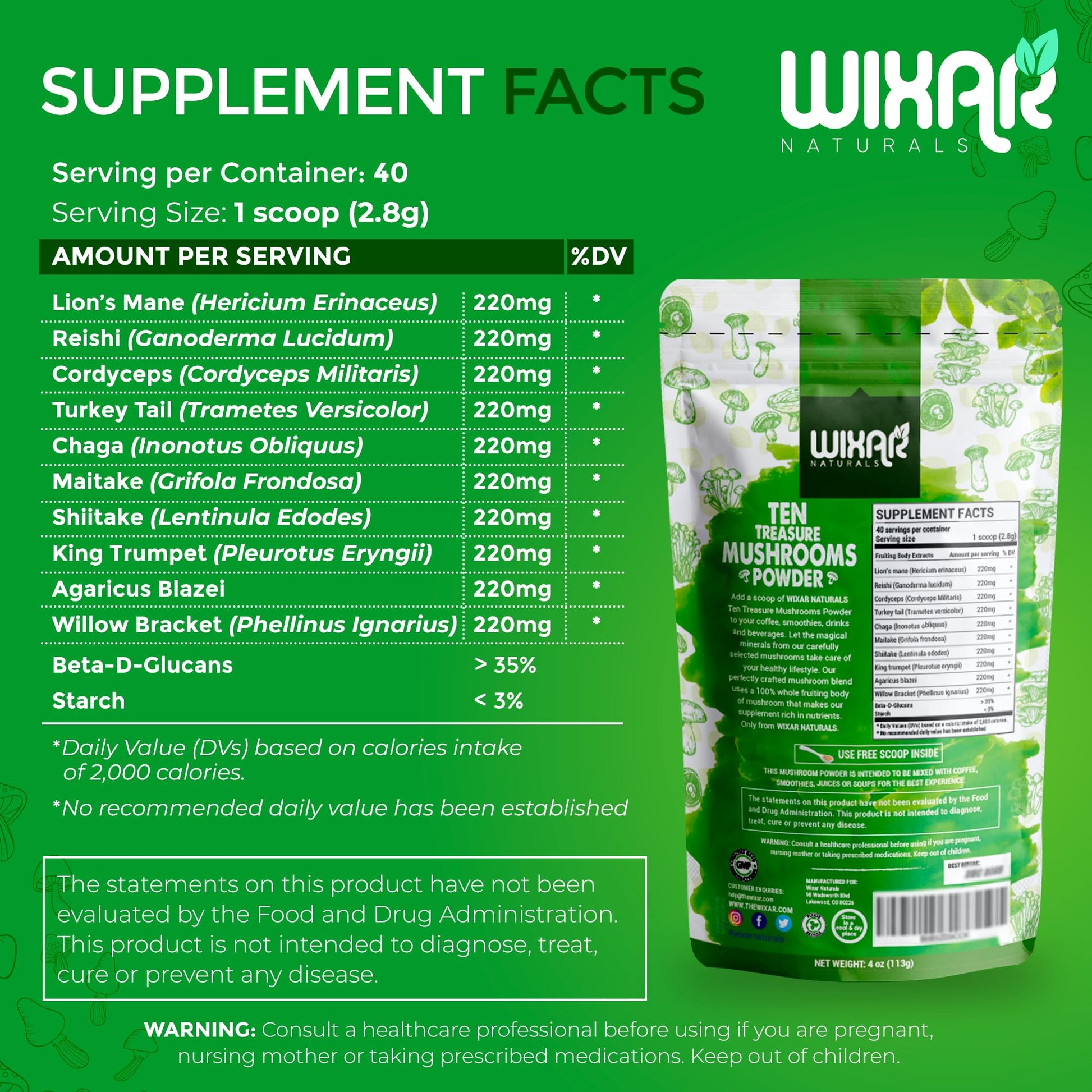 Wixar Mushroom Powder - Ten Treasure Mushrooms Extract Supplement Blend for Coffee WIXAR NATURALS