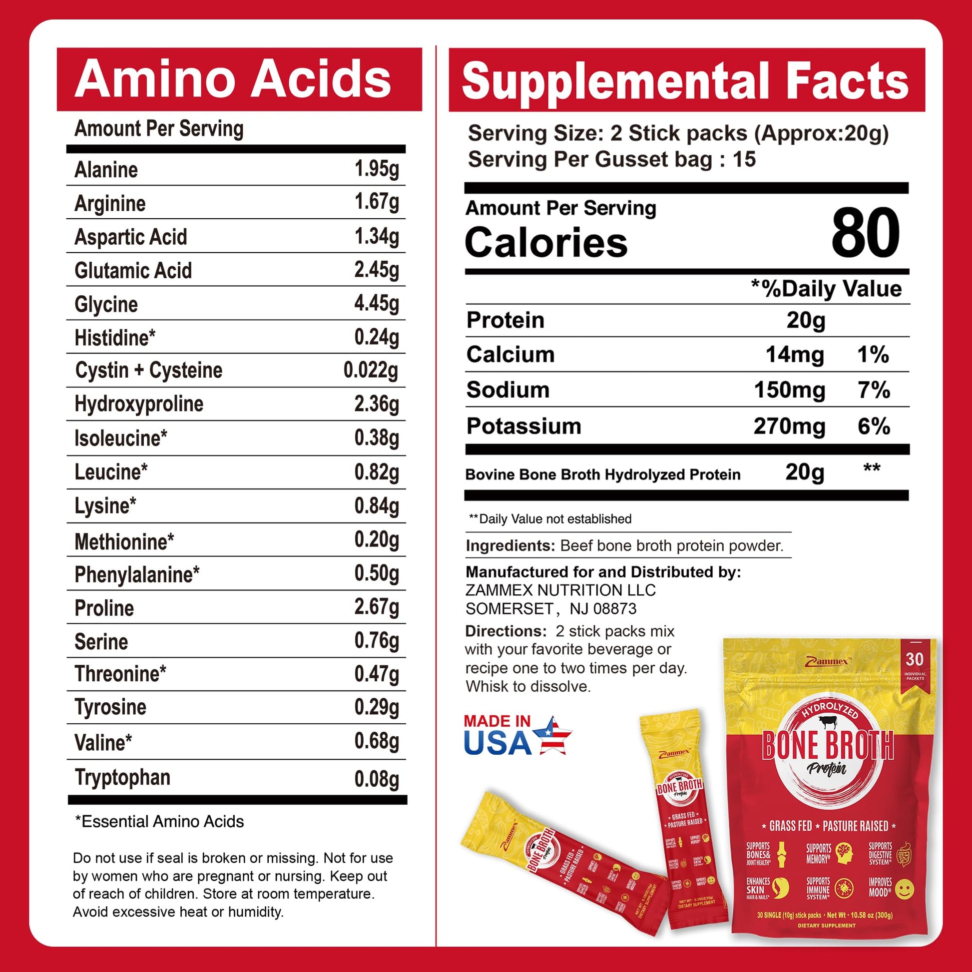 Zammex Bone Broth Packets-20g Collagen Protein-Beef Bone Broth Powder to Go-30 Travel Zammex