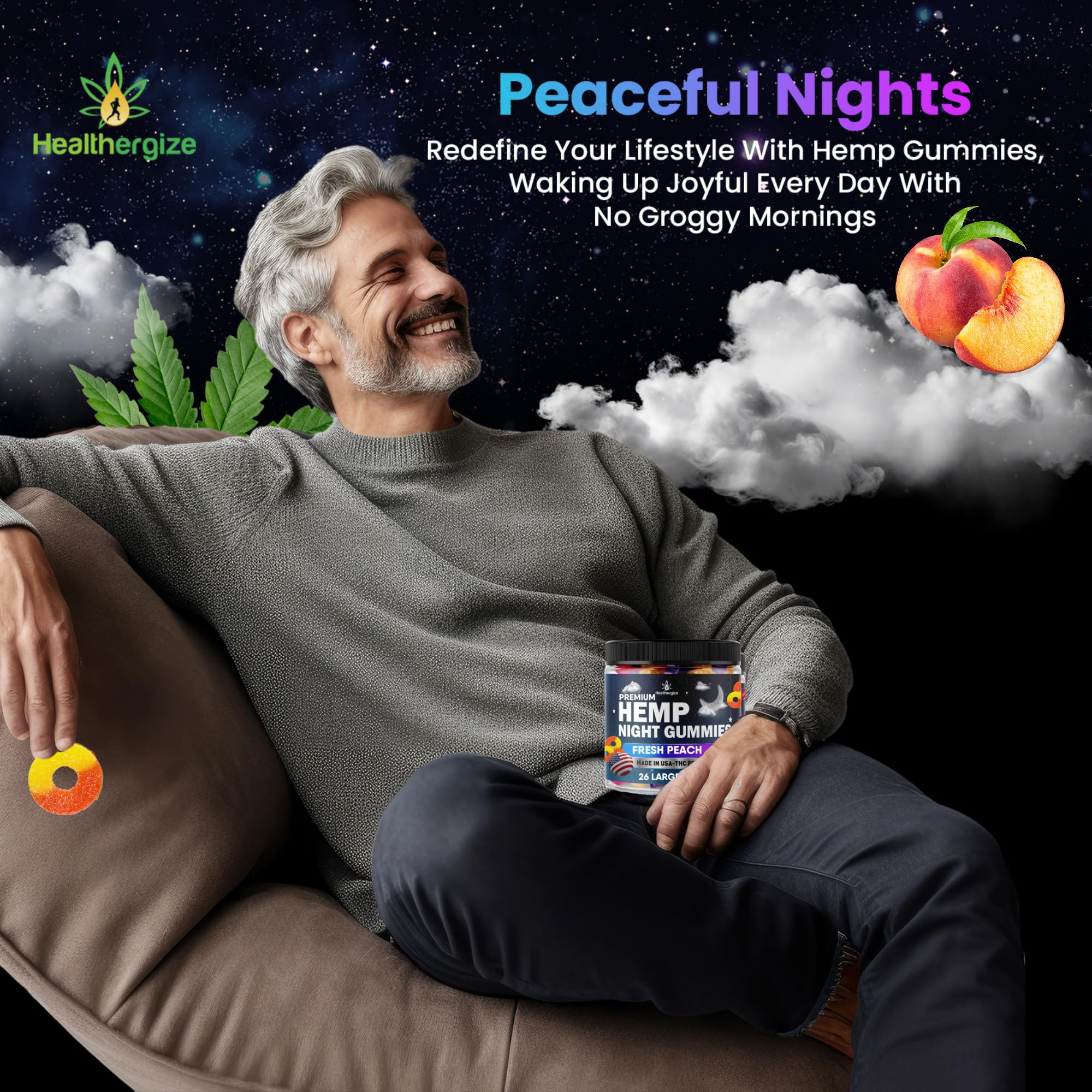Healthergize Hemp Gummies Night-Time, High Potency Nap Gummies, Peace and Relaxation Healthergize