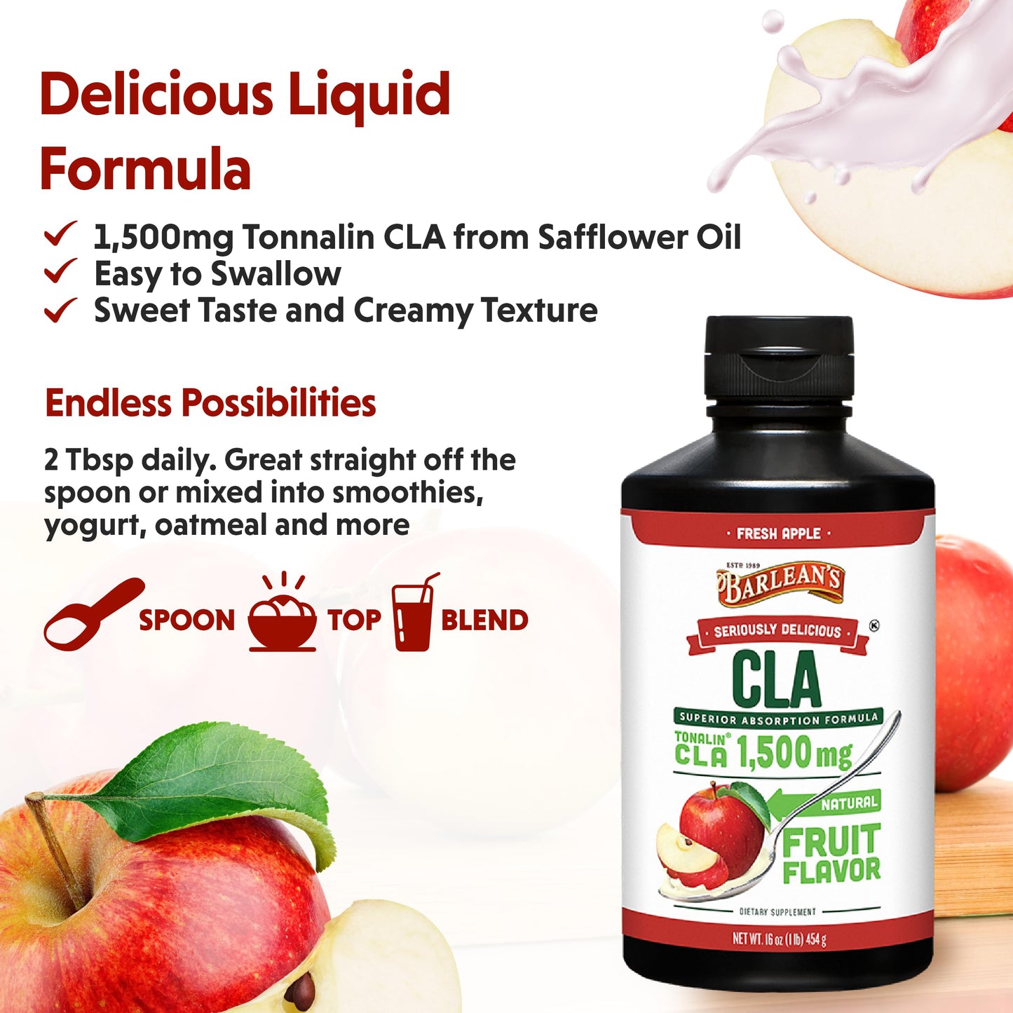 Barlean's Fresh Apple with 1,500 mg of Tonalin CLA - Gluten-Free, Vegan, Kosher Barlean's