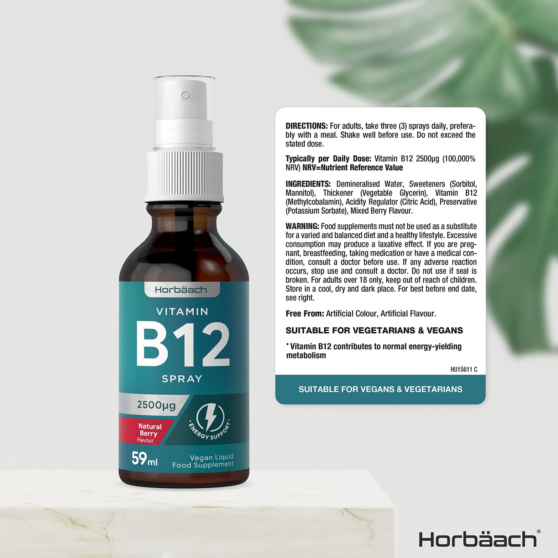 Vitamin B12 Spray 2500mcg | 59ml | High Strength Supplement | Natural Berry Flavour Horbäach