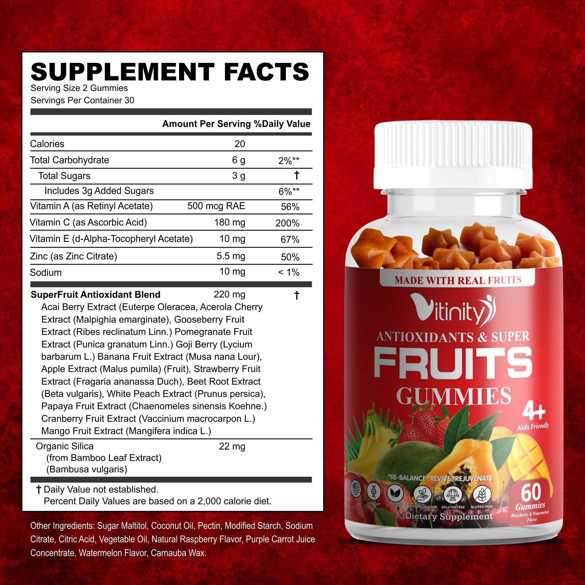 VITINITY Made with Real Super Fruits Delicious Gummy Supplement,Men,Women & Kids VITINITY