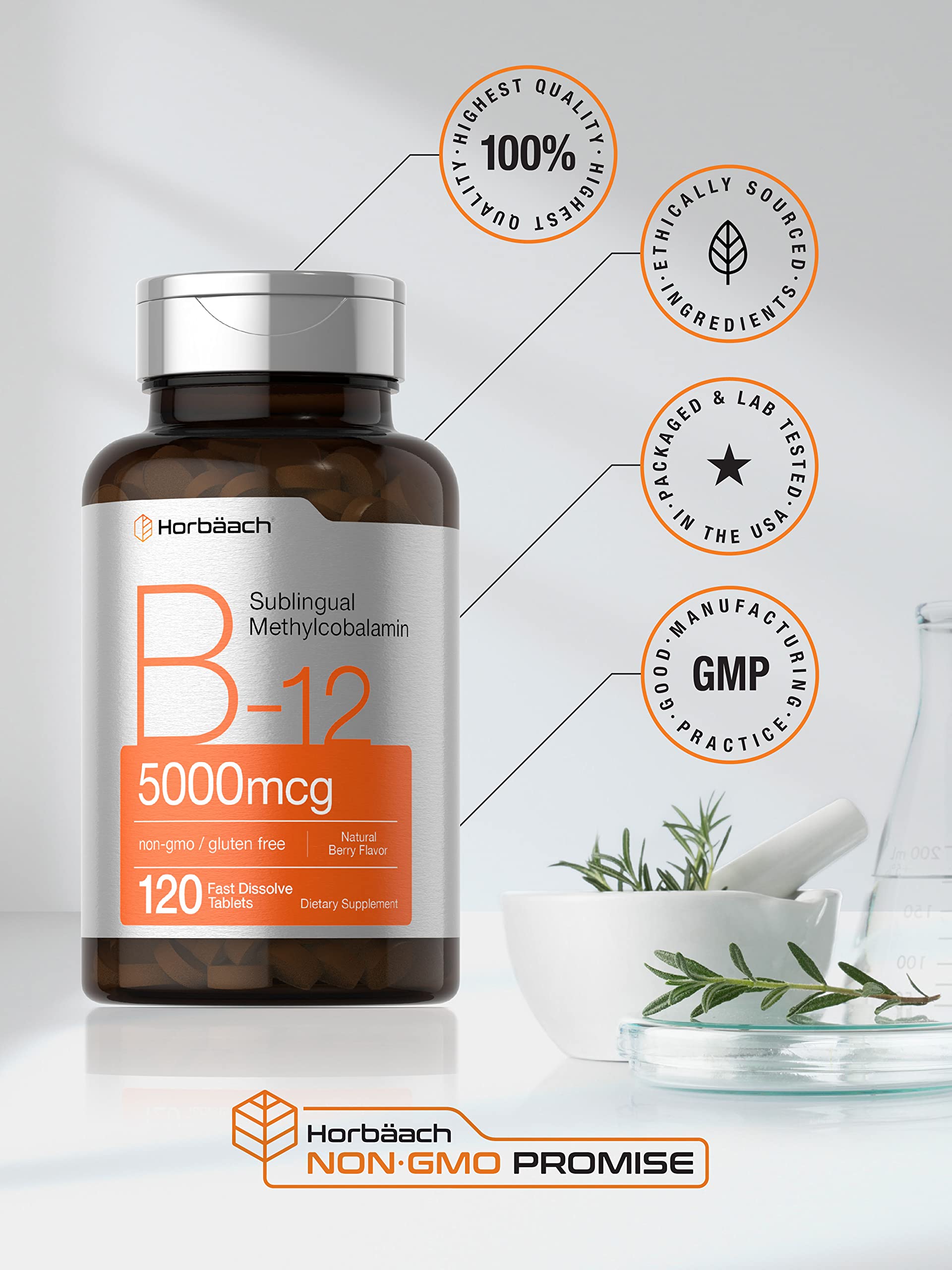 Horbäach B12 Sublingual Methylcobalamin | 5000mcg | 120 Fast Dissolve Tablets Horbäach