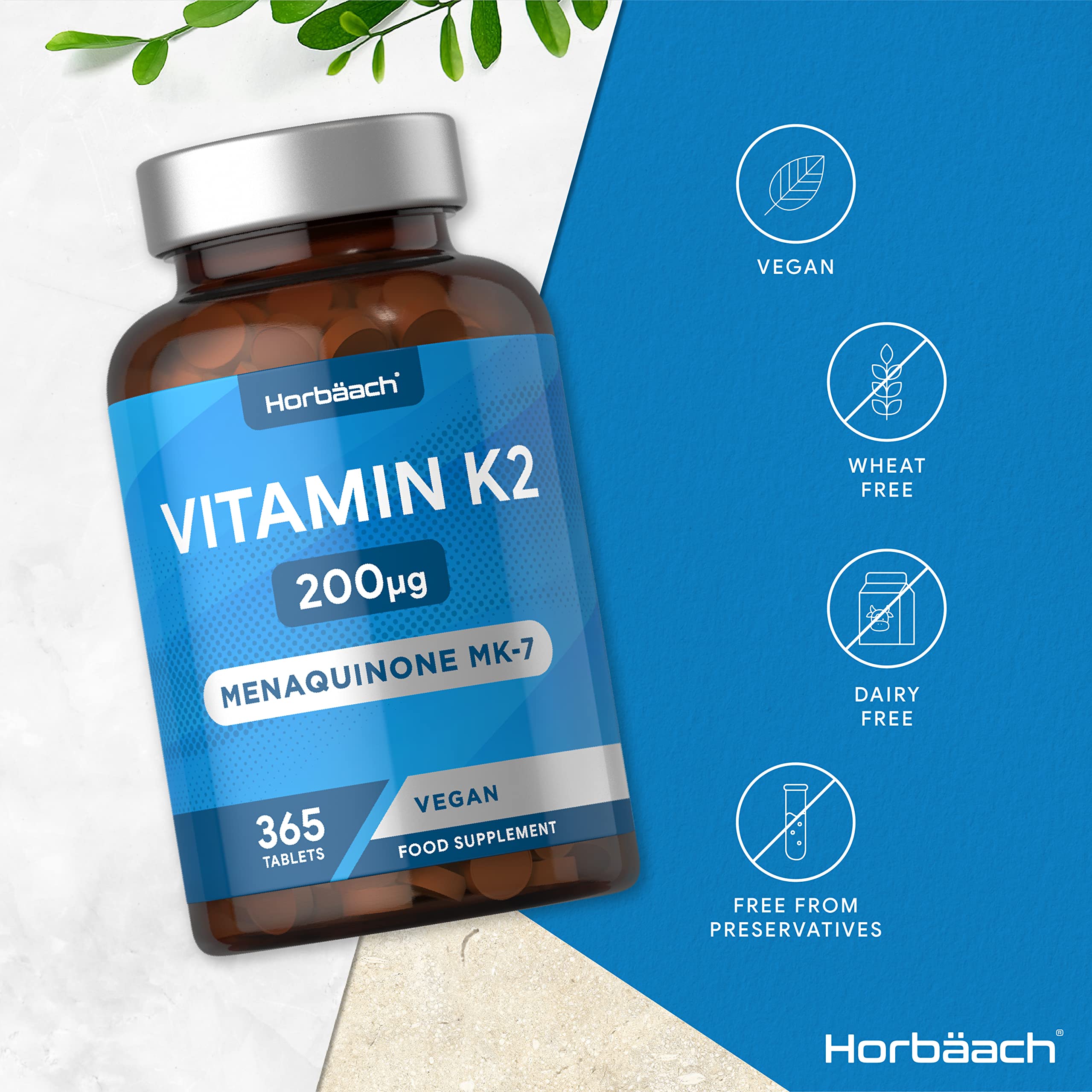 Vitamin K2 MK7 200ug | 365 Vegan Tablets | High Strength Menaquinone MK-7 Horbäach