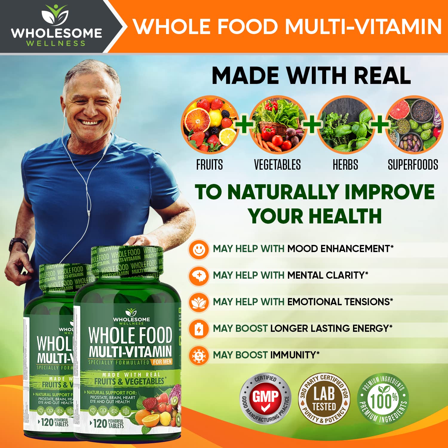 Whole Food Multivitamin for Men - Natural Multi Vitamins, Minerals, Organic Extracts Wholesome Wellness