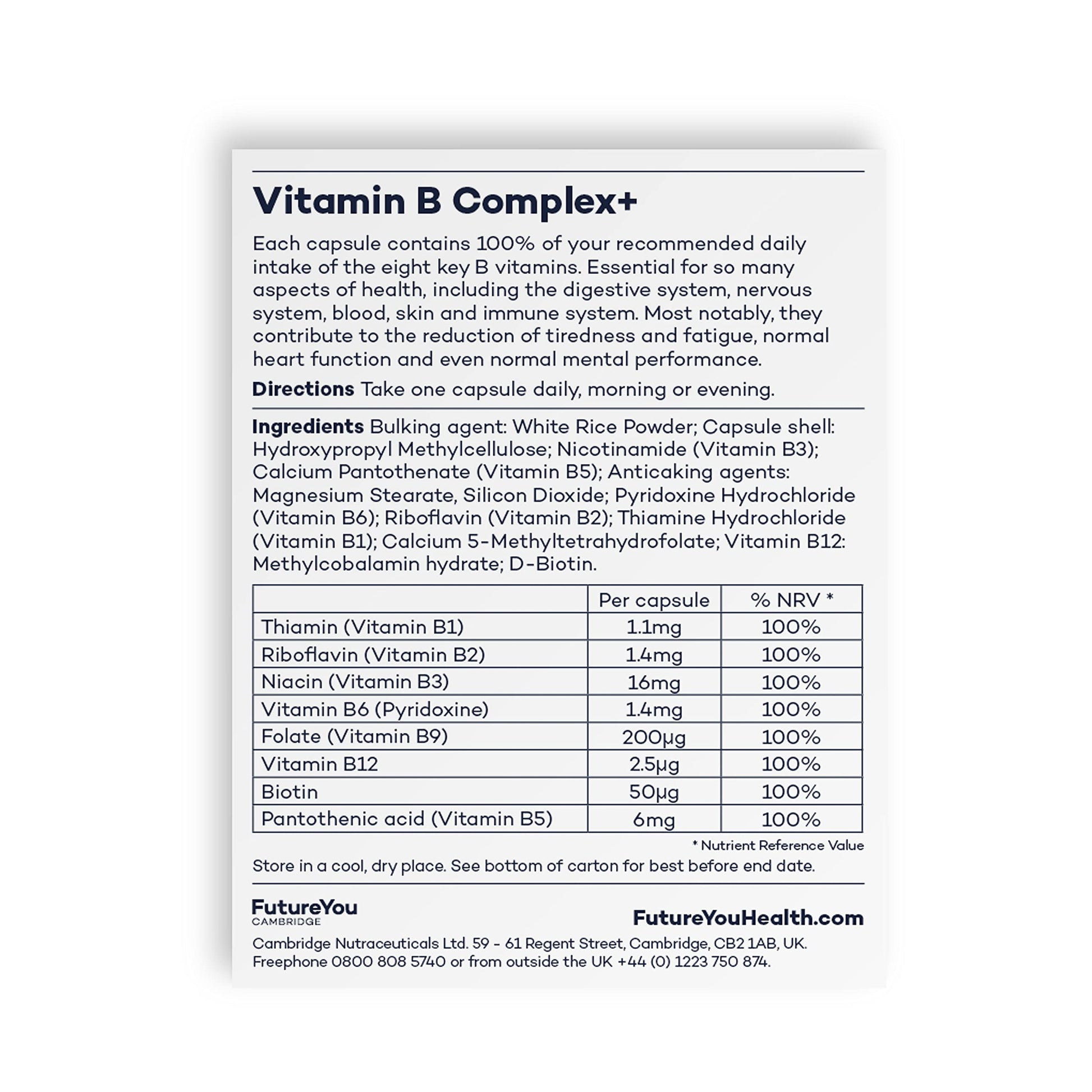 Vitamin B Complex+ Supplements – 8 Key B Vitamins for Optimal Cell Health – Energy Capsules FutureYou Cambridge