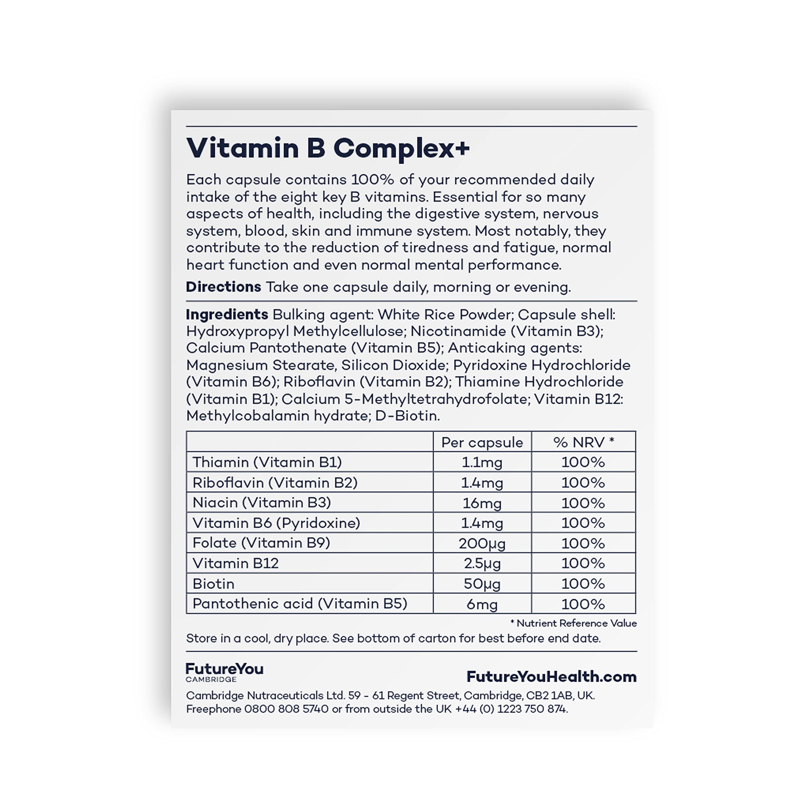 Vitamin B Complex+ Supplements – 8 Key B Vitamins for Optimal Cell Health – Energy Capsules FutureYou Cambridge
